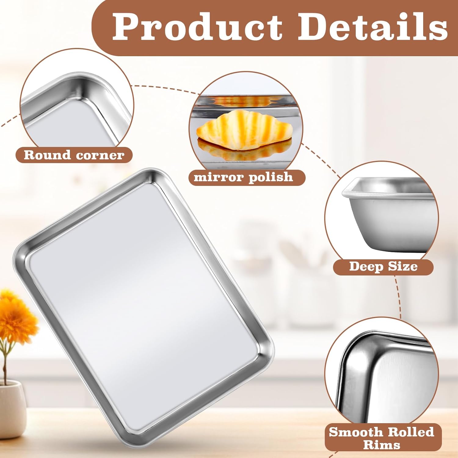 Baking Sheet Pan Set of 4, Stainless Steel Toaster Oven Pans, Small Cookie Sheet,Metal Baking Pan Oven Tray, Easy Clean & Dishwasher Safe, Mirror Surface(10 x 8 x 1 inches