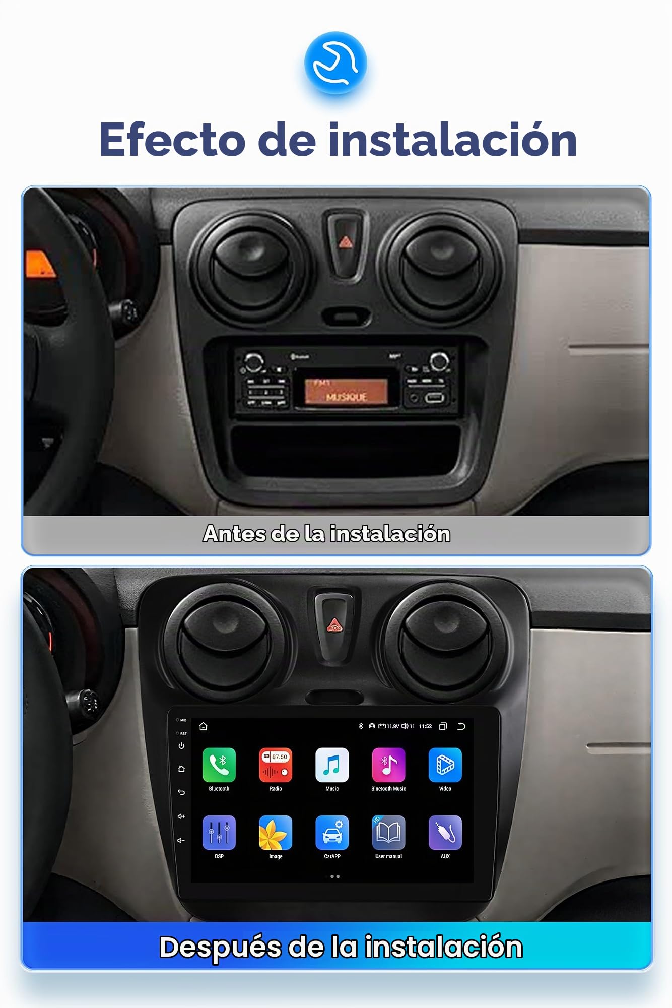 Ossuret Autoradio para Renault Lodgy Dacia Dokker (2012-2021), 9 Zoll Android 13 Pantalla Táctil 2+32GB Navegación GPS con Carplay Android Auto WiFi Bluetooth USB Control del Volante