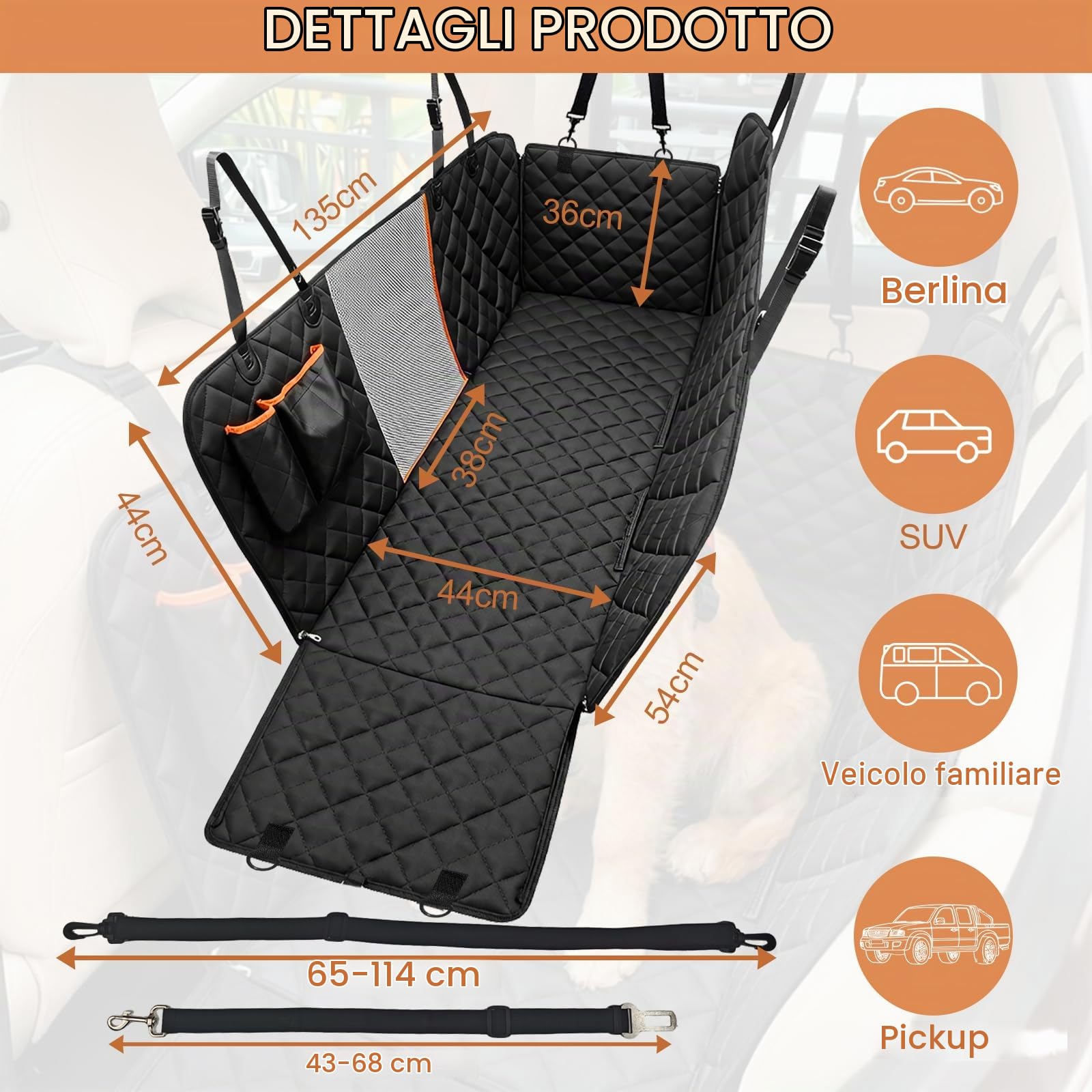 Coprisedile Auto per Cani, 135x44x36cm, Telo Auto per Cani, Telo Macchina per Cani, Telo Cane Auto Sedili Posteriori, con Rete di Prospettiva e Sacchetto, per Auto, SUV, Camion, Nero