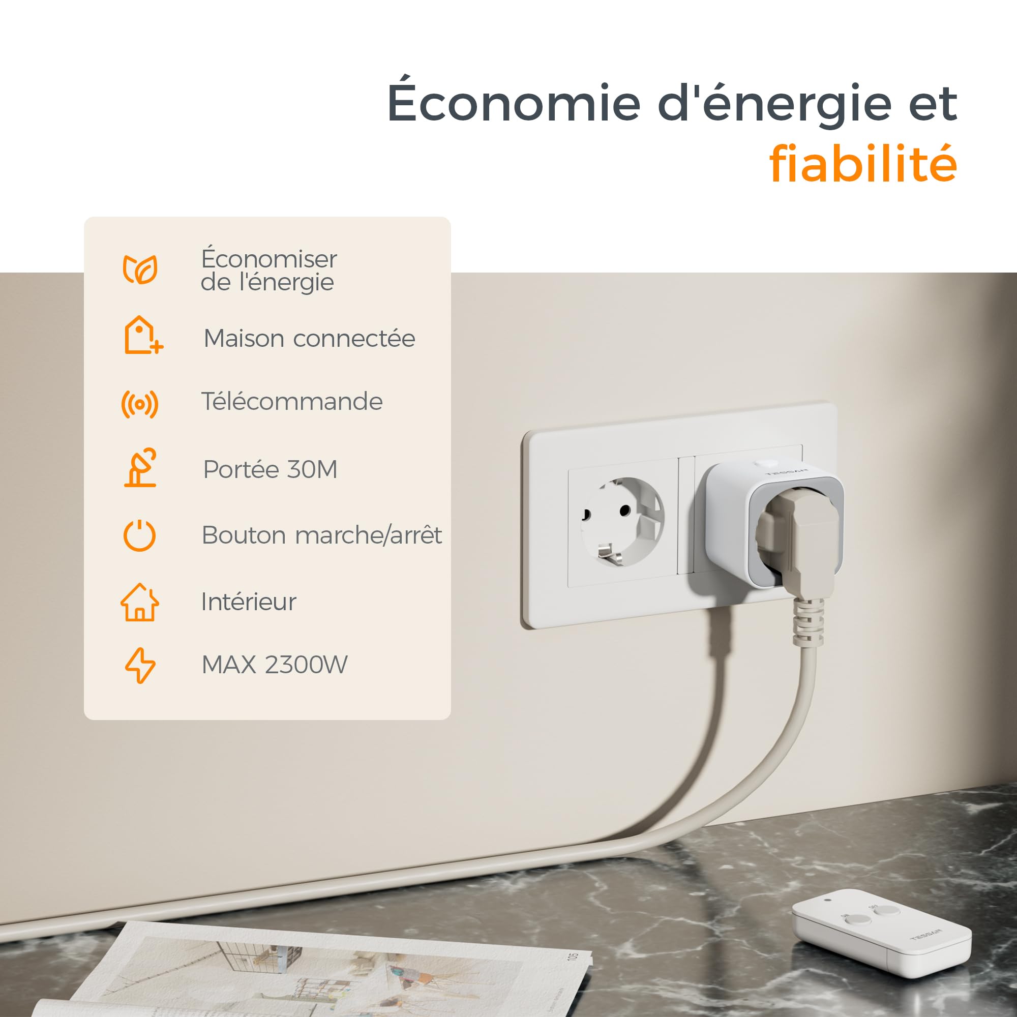 TESSAN Prise Télécommandée Programmable, Portée 30,5 M Prise Telecommande Sans Fil, Intérieures avec Interrupteur, pour Décoration de Noël, Électroménager, Éclairage, 2300 W, blanc