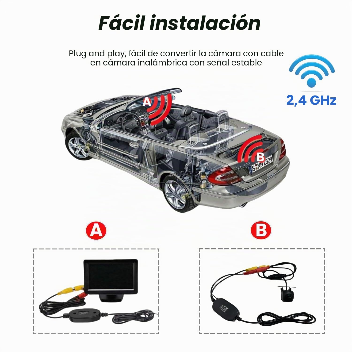 2.4GHz Inalámbrico Vídeo RCA Transmisor y Receptor Kit para Cámara de Visión Trasera, Adaptador Video Receptor Inalámbrico para Cámara de Respaldo de Coche