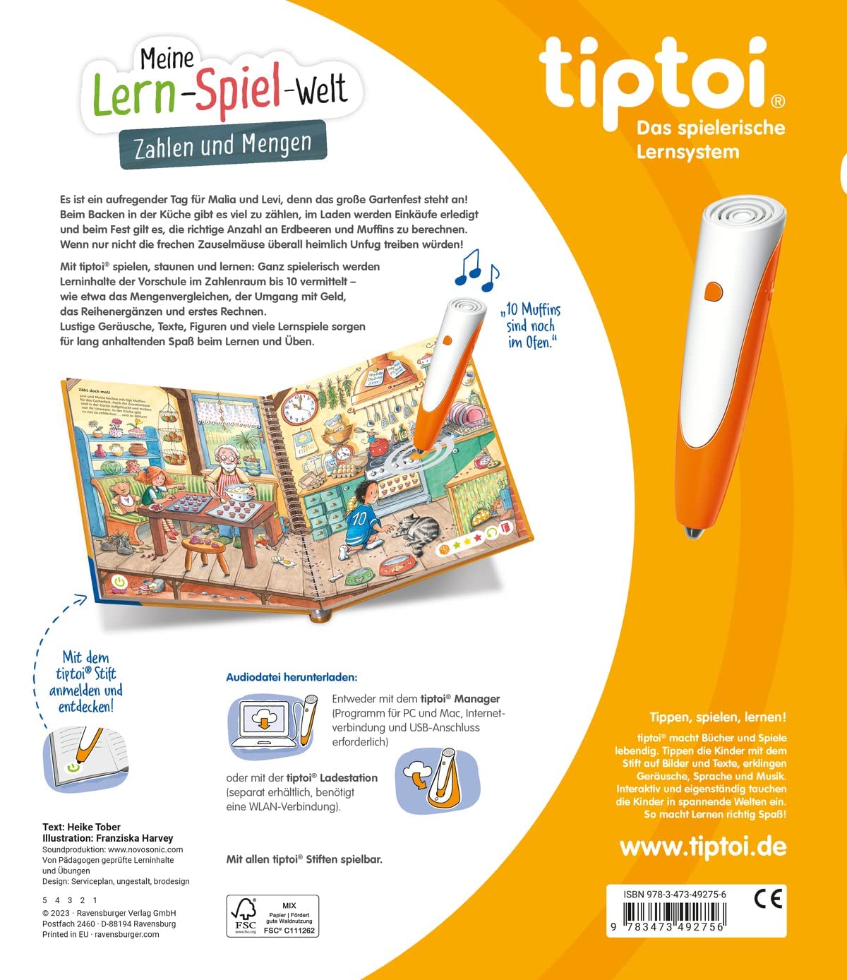 tiptoi Zestaw Ravensburger - Meine Lern-Spiel-Welt - liczby i ilości (książka dla dzieci) + 00110 długopis + mapa świata dla dzieci, zabawka edukacyjna dla dzieci