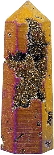 Rockcloud Rainbow Titanium Coated Natural Drusy Agate Geoda Galvanizado Cristal Curativo Varita Punta 6 Prisma Facetado Varita Tallada Reiki Piedra