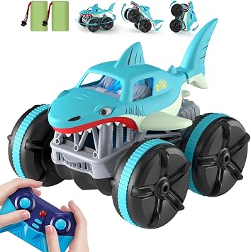 MaxTronic Remote Control Car Amphibious, 2.4 GHz 4WD 114 Scale All-Terrain Waterproof Remote Control Monster Truck, RC Boat Shark Car Toys for 3-12 Years Old Boys Girls