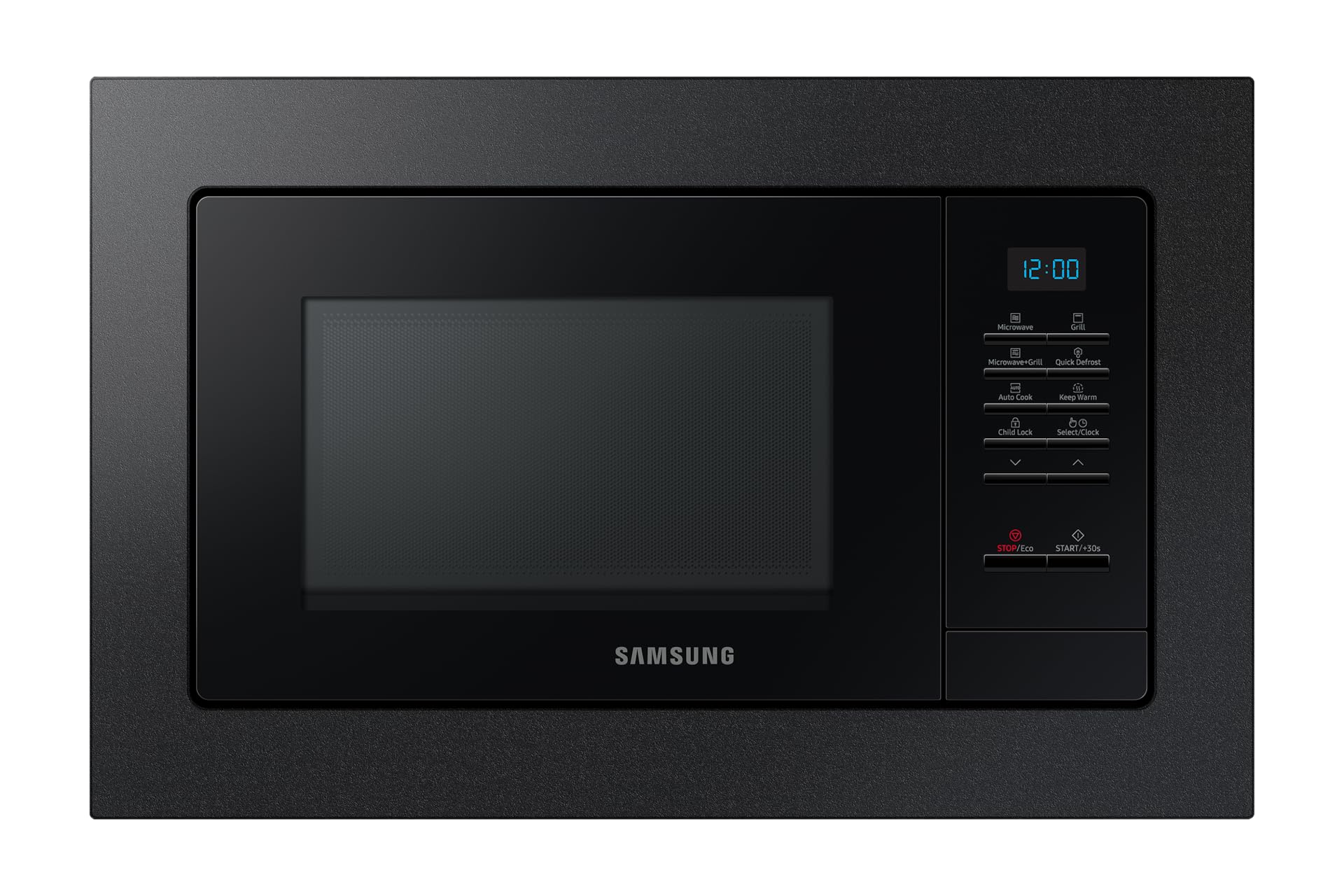 Samsung MG20A7013CB/EG - Microonde da incasso con grill, 850 W, 20 l, piccolo forno a microonde per nicchie da 28 cm, con telaio da incasso, piastra Crusty Plate, interno smaltato antigraffio, colore