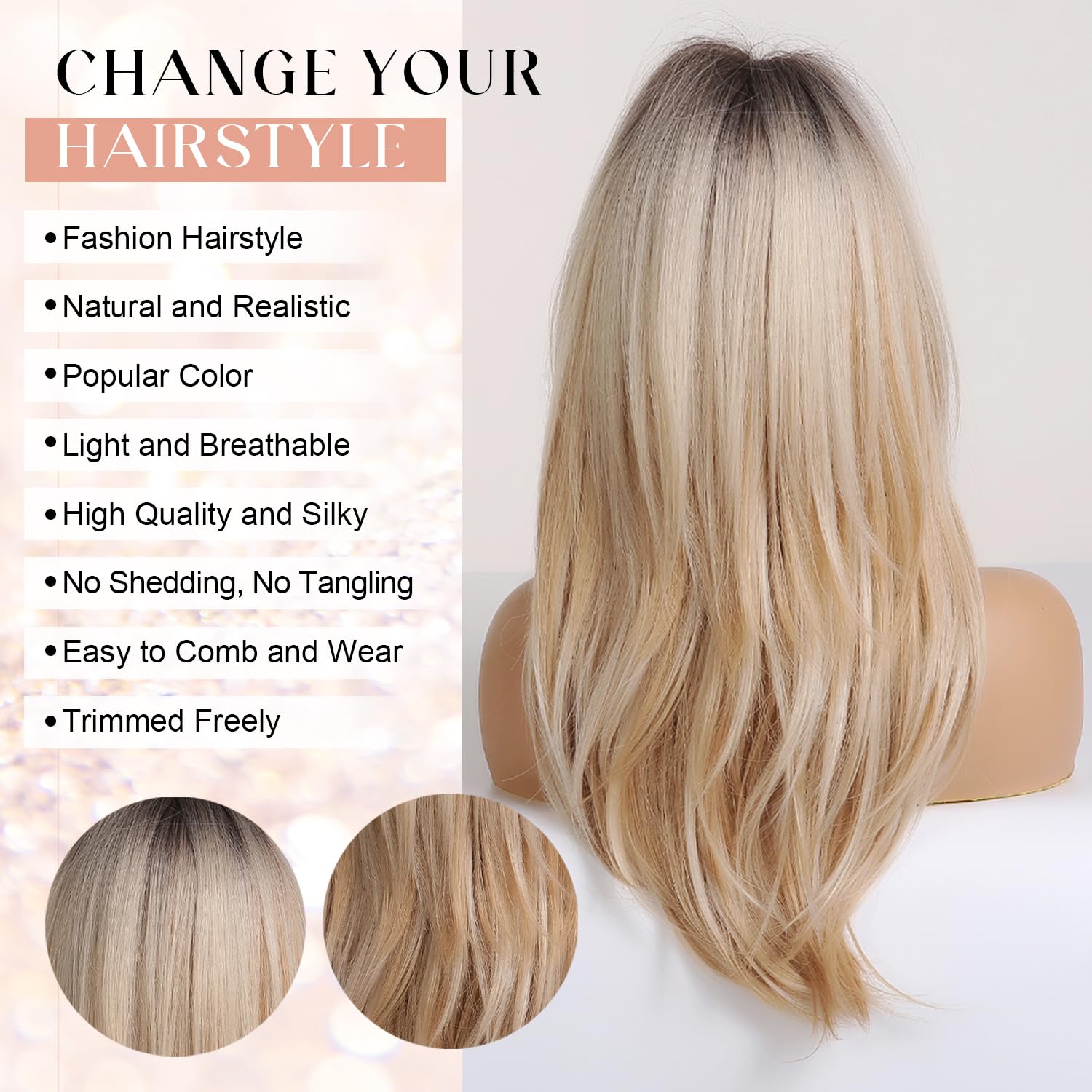 Kellynee Ombre Blonde Wig with Bangs - Long Straight Layered Blonde Wigs for Women, Dark Roots Synthetic Heat Resistant Hair, Best Natural Wigs for Daily/Halloween/Party/Cosplay