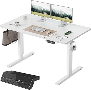 FEZIBO Höhenverstellbarer Schreibtisch mit USB-A und USB-C-Ladeanschlüssen, 140 x 70 cm Schreibtisch Höhenverstellbar Elektrisch, Ergonomischer Steh-Sitz Tisch für Heimbüro, Standing Desk, Weiß