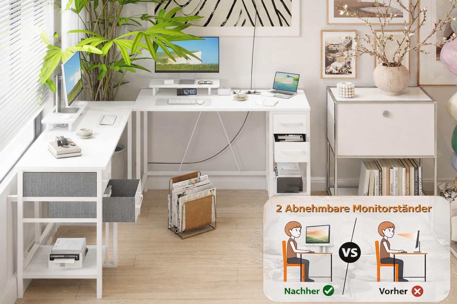 Bureau 100 x 50 cm avec 2 tiroirs et Support d'écran Amovible, Bureau d'ordinateur réversible avec Prises électriques pour Bureau à Domicile, Bureau d'étude ou Chambre à Coucher, Blanc