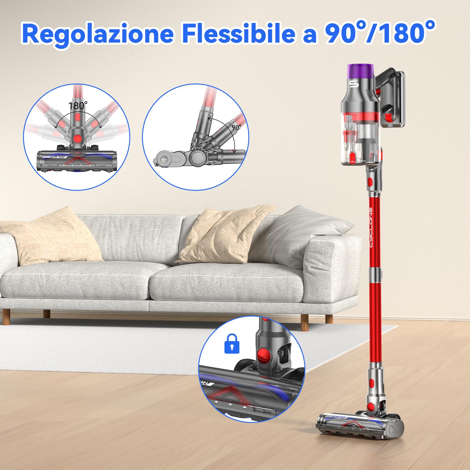 Aspirapolvere senza Fili Potente 58KPA/600W 80Min, Scopa Elettrica senza Filo con Autoportante, Doppio Contenitore 1,8L Vacuum Cleaner per Peli Animali Pavimento Tappeti, V15 ProMax
