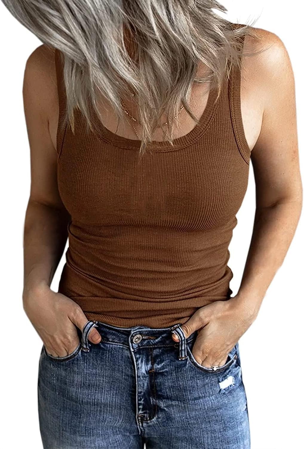 ELFIN Camiseta de Tirantes Acanalada para Mujer Sexy Cuello en U Camisetas sin Mangas Ajustada Top básica elástica Parte Superior