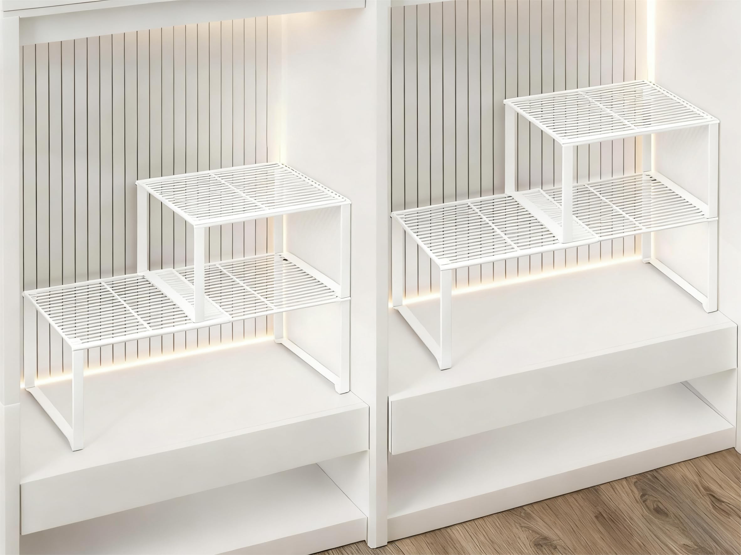 Photo 1 of HGZBS Extendable Metal Wire Shelf Organizer - Adjustable 15-24.4in Length, Stackable Storage Rack for Kitchen/Pantry/Bathroom/Shoe Cabinet/Tool Closet (4, White)