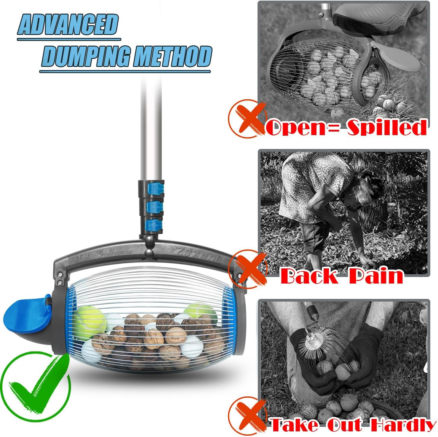 Zozen Nut Gatherer, Pecan Picker Upper, Walnut Picker Upper Roller, Directly Dump Outlet/Also Apply to Hickory Nuts, Chestnuts, Buckeyes, Golf, Butternuts, Objects Size 3/4'' to 2''; 1.5 Gallon Objects 3/4'' to 2''