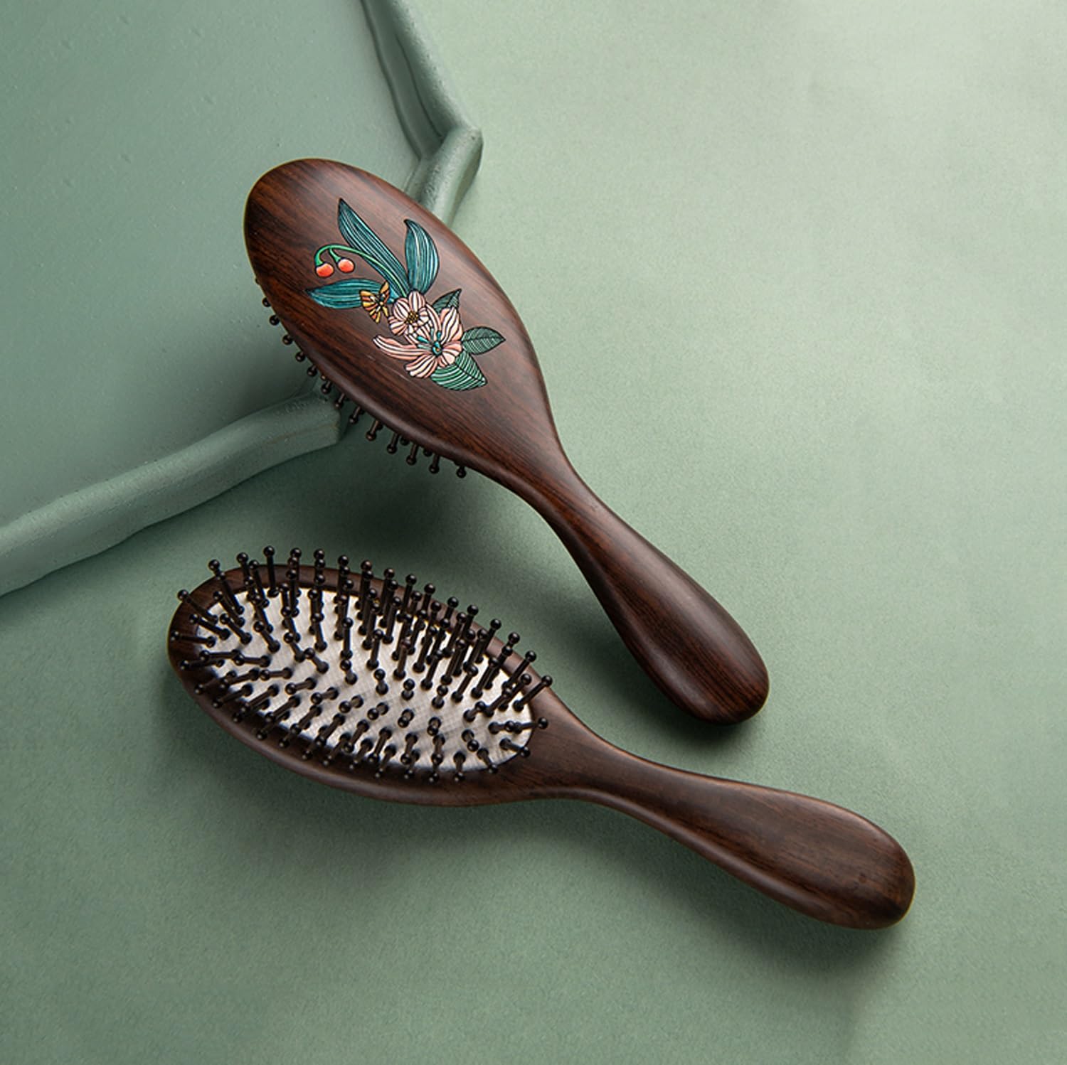Cepillo para el Cabello, Peine de Masaje de Madera, Cepillo para el Cabello Ovalado con Pintura de Flores de Mariposa, Cepillo de Aire desenredante antiestático