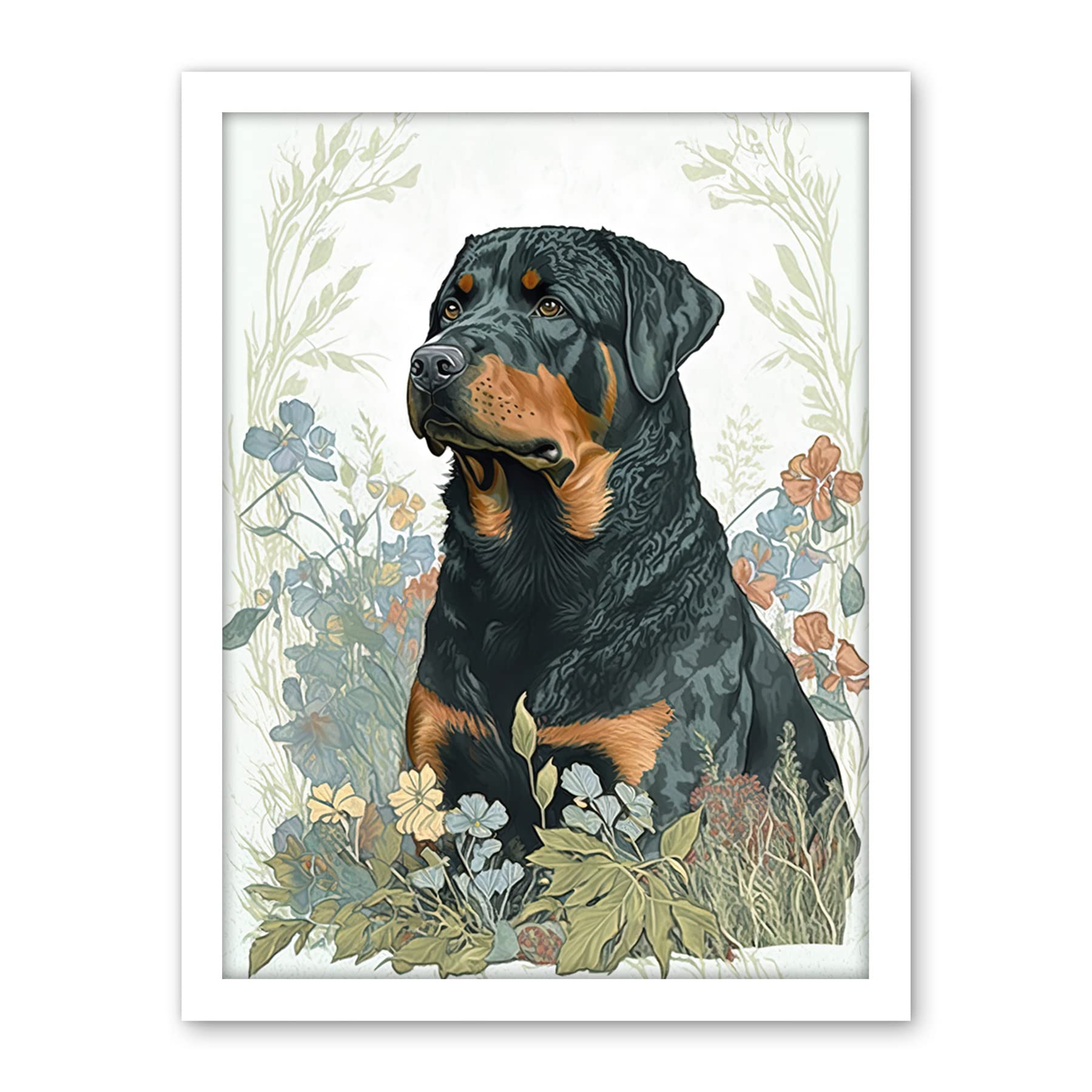 Artery8 Rottweiler Dog Sitting in Flower Field Modern Watercolour Illustration Artwork Framed Wall Art Print 18X24 Inch