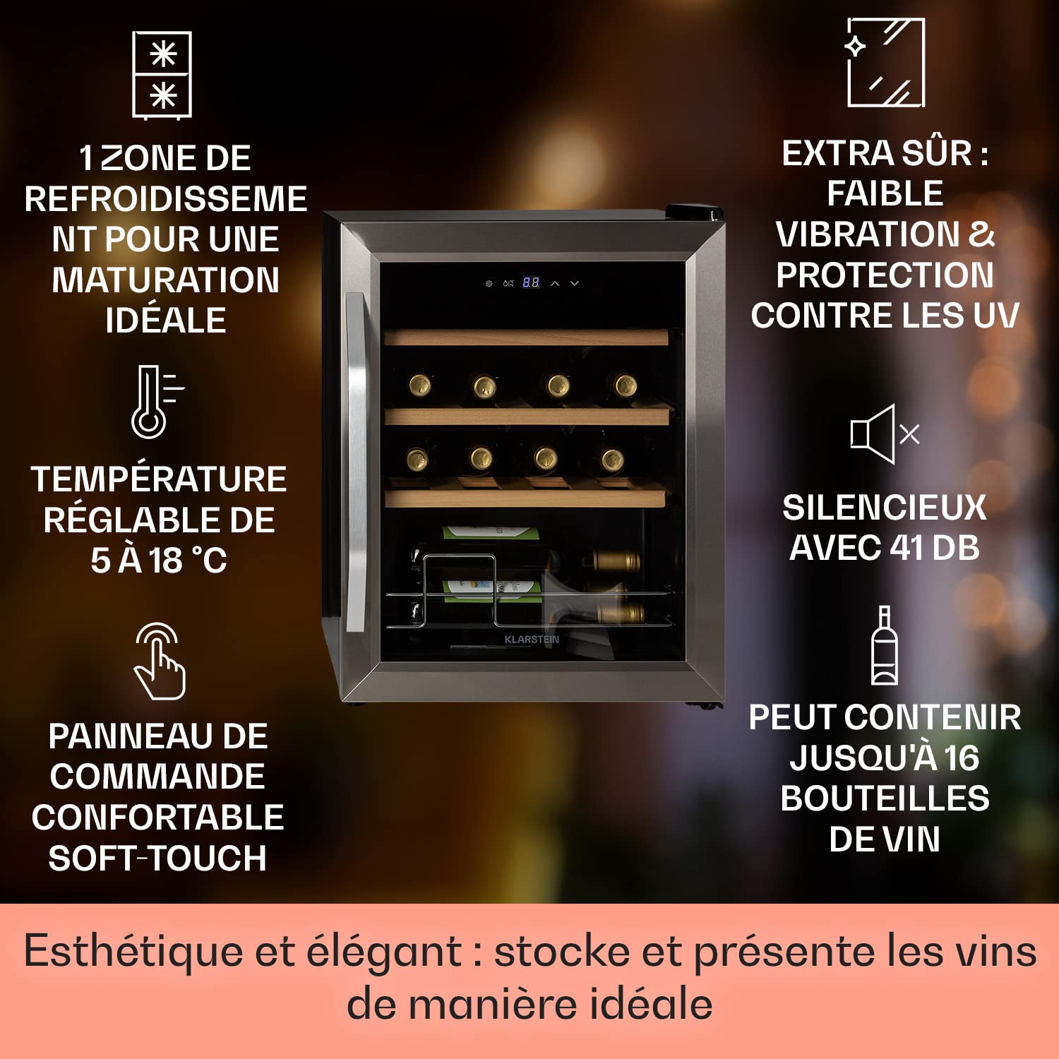 Klarstein Cave à Vin Réfrigérateur à Vin Porte en Verre 16 Bouteilles 5-18°C Protection UV