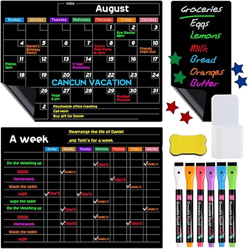 Calendario magnético para nevera, 3 piezas de pizarra de borrado en seco de pizarra mensual y semanal reutilizable para refrigerador, incluye 6