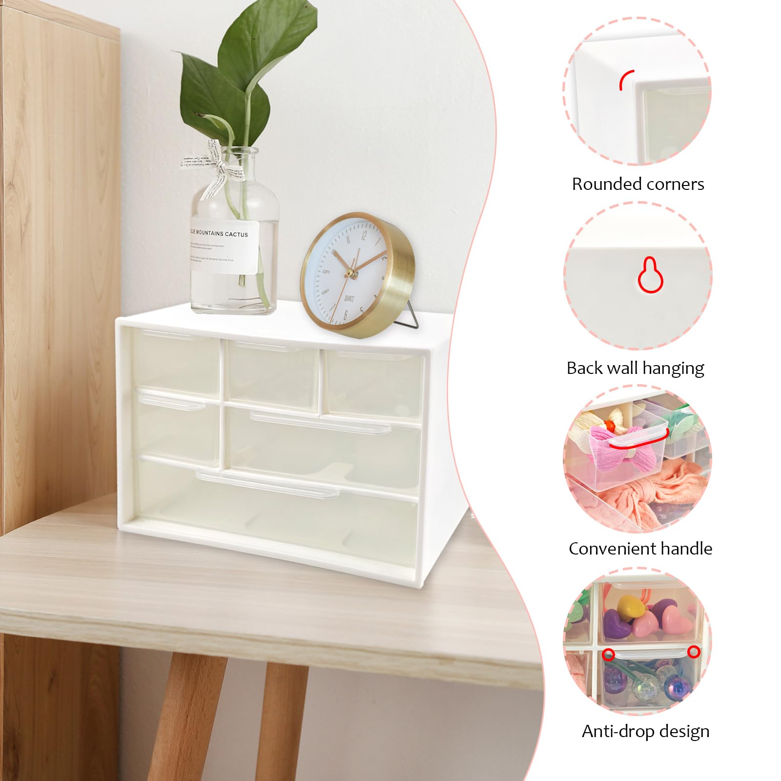 Nirvany Mini organizer da scrivania con 6 cassetti trasparenti, piccola scatola portaoggetti in plastica per ufficio, aula, artigianato e organizzazione della scrivania di casa (17,8 x 9,9 x 11,9 cm)