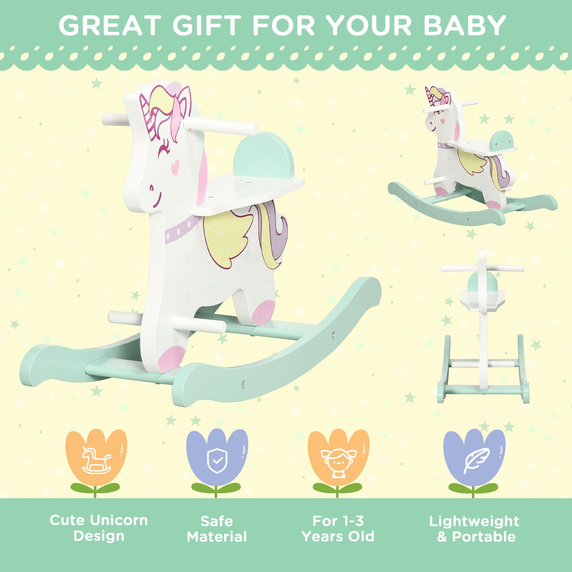 HOMCOM Caballo balancín para niños de 1 a 3 años, caballito balancín con asas, respaldo y pedales de MDF, 68 x 27 x 47,5 cm, azul, rosa y blanco