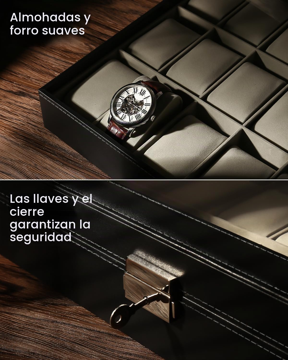 Tyenaza Caja de Reloj con 24 Ranuras, Vitrina de Reloj con Ventana, Caja de Organizador de Reloj Impermeable de Cuero de PU con Cerradura, para Tocador de Tienda, Regalo de Hombres(43x29x9cm)