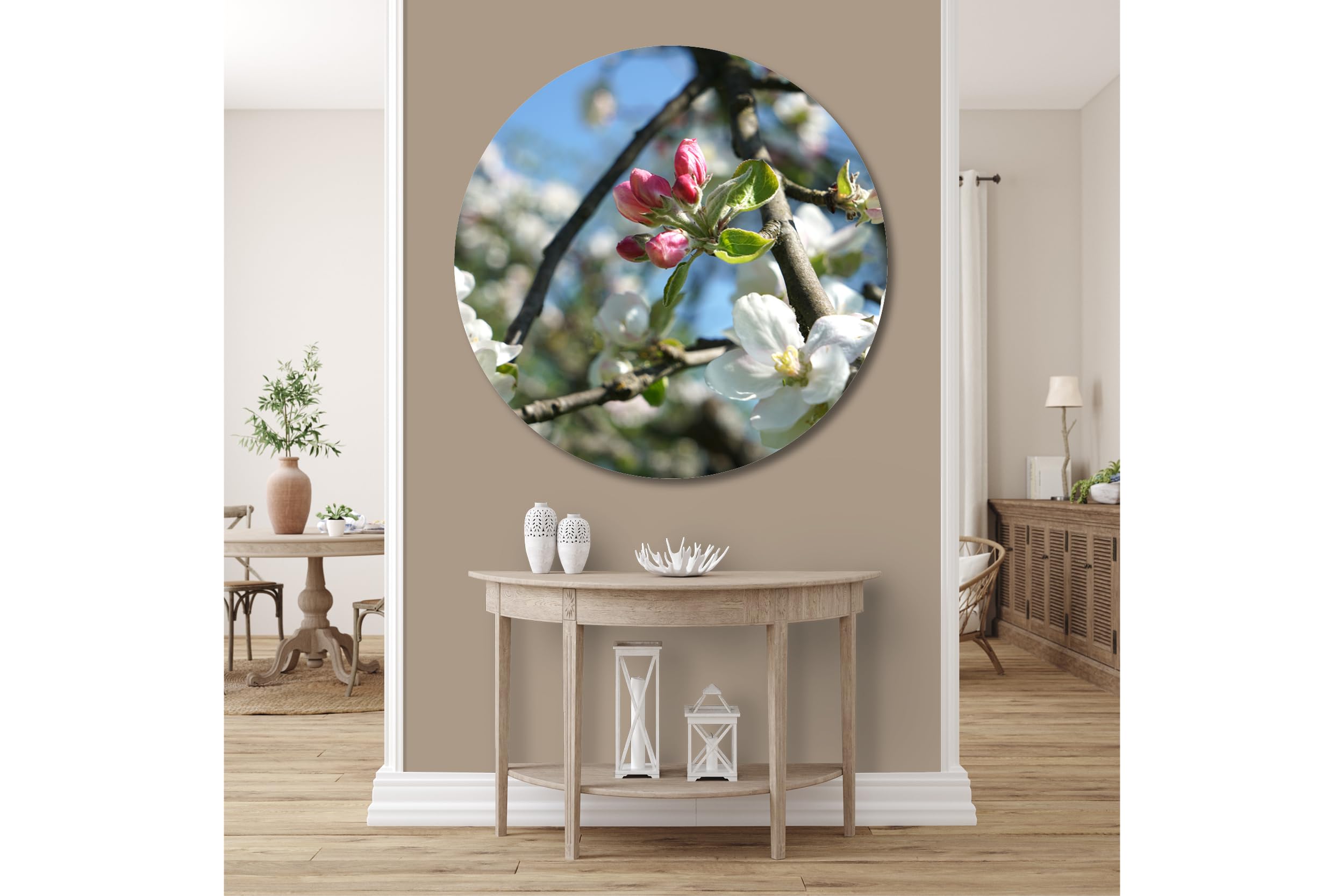 Glücksvilla - Fioritura dei meli 4 (vetro + acrilico 4 mm, Ø 120 cm) | varie misure - quadro murale rotondo - giardino fiori fioritura pianta natura botanica albero ramo ciliegia