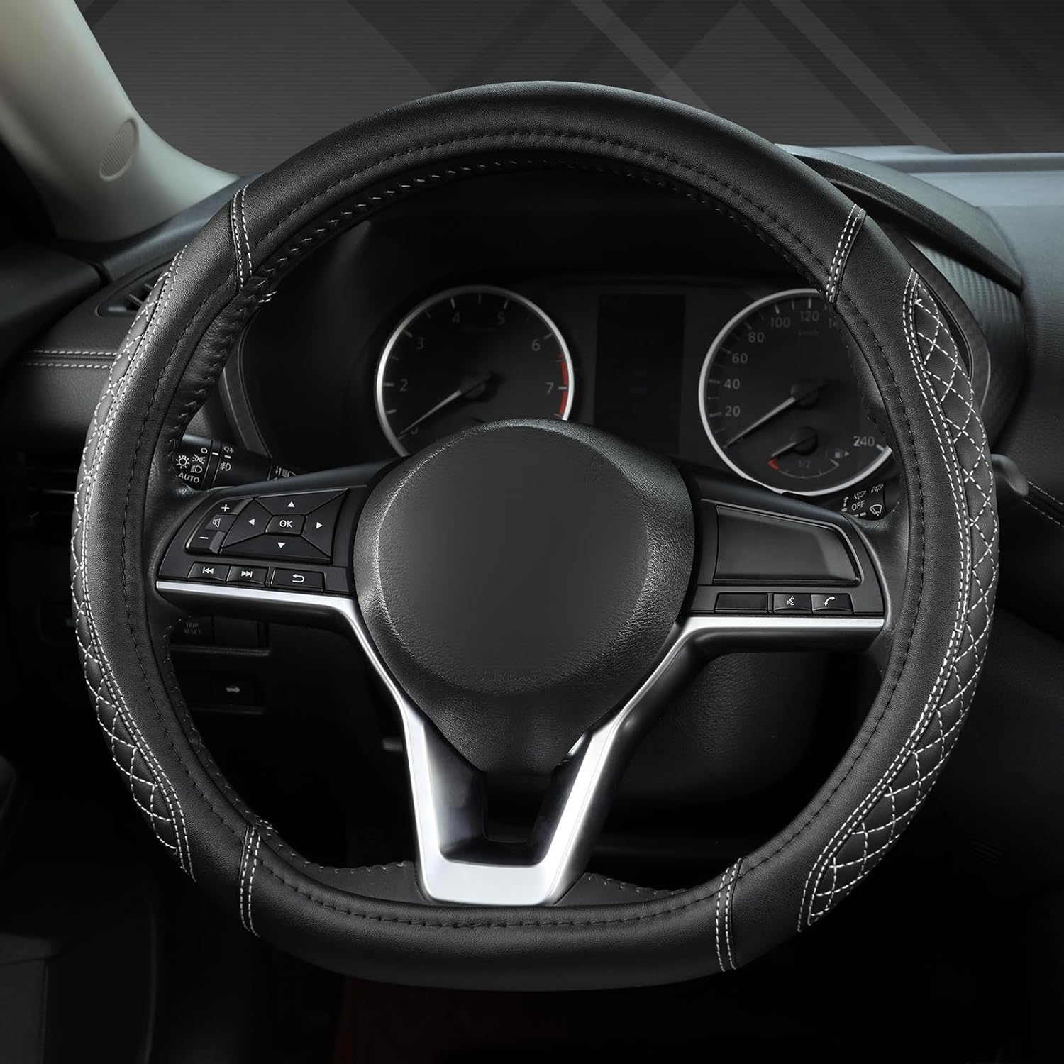 West Llama Flat Bottom Car Steering Wheel Cover for Nissan,D Shaped Steering Wheel Cover for Rogue,Altima,Kicks (Diamond Quilted-Black+Gray-Standard Size) - Image 2