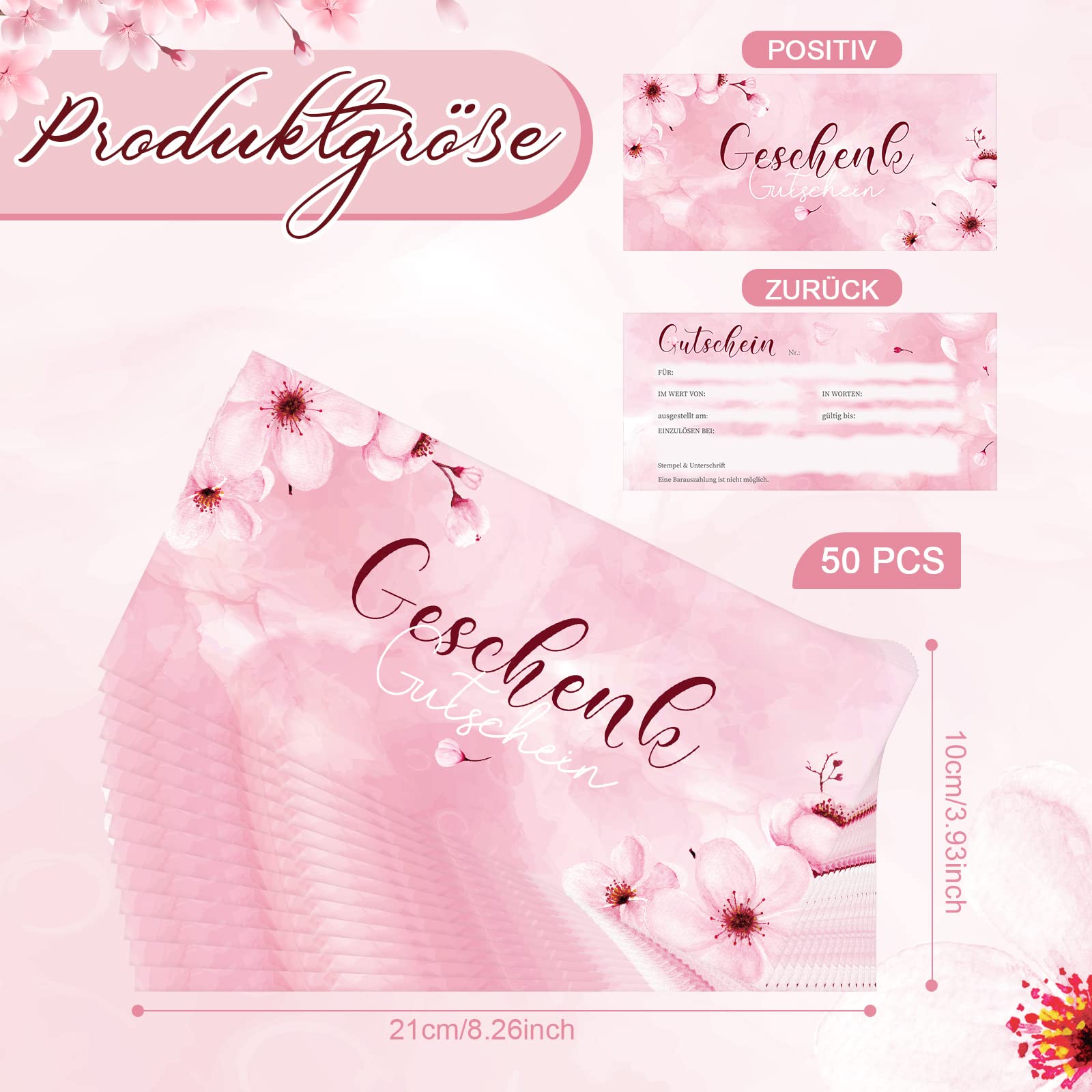 Patelai 50 Piezas de Vales de Regalo Cupón de Regalo en Blanco Floral Tarjetas de Cupón de 3,9 x 8,3 Pulgadas Certificados de Regalo para Negocios Tiendas Salón de Belleza Eventos de Boda Navidad
