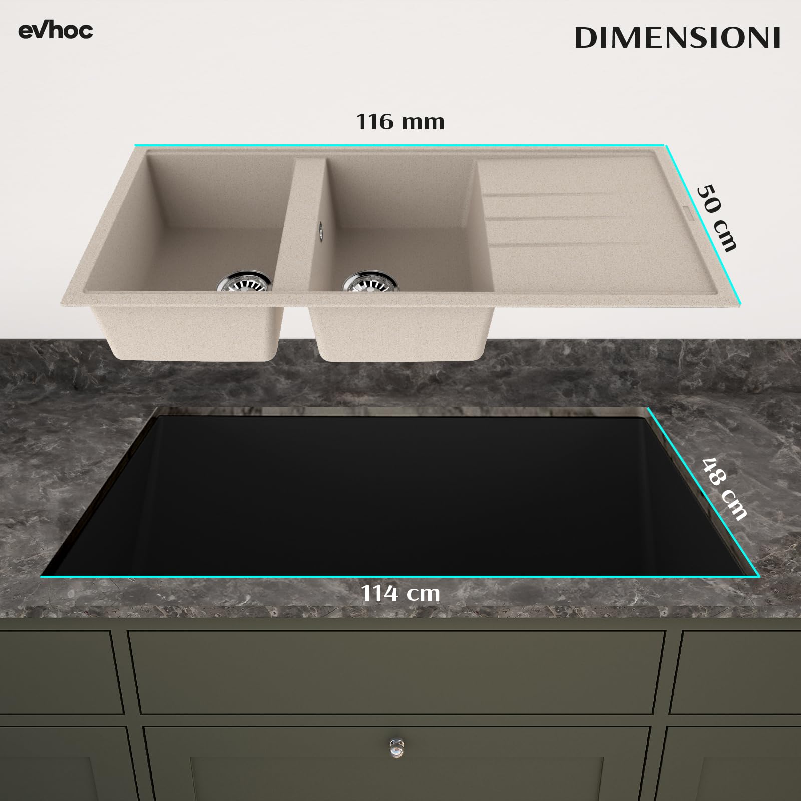 EVHOC Lavello Sopratop 116x50 cm, 2 Vasche con Gocciolatoio, Lavandino Reversibile per Cucina, Piletta Inclusa, Made in Italy, Avena, ADHOC L