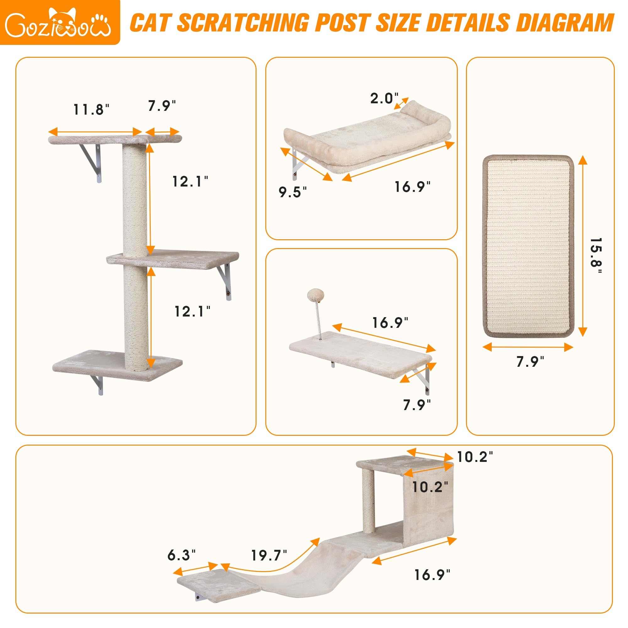 COZIWOW Cat Wall Shelves Set, 5-Piece Wall Mounted Cat Furniture with Cat Tree & Scratching Post, Floating Cat Perches for Indoor Cats（Beige） - image 4