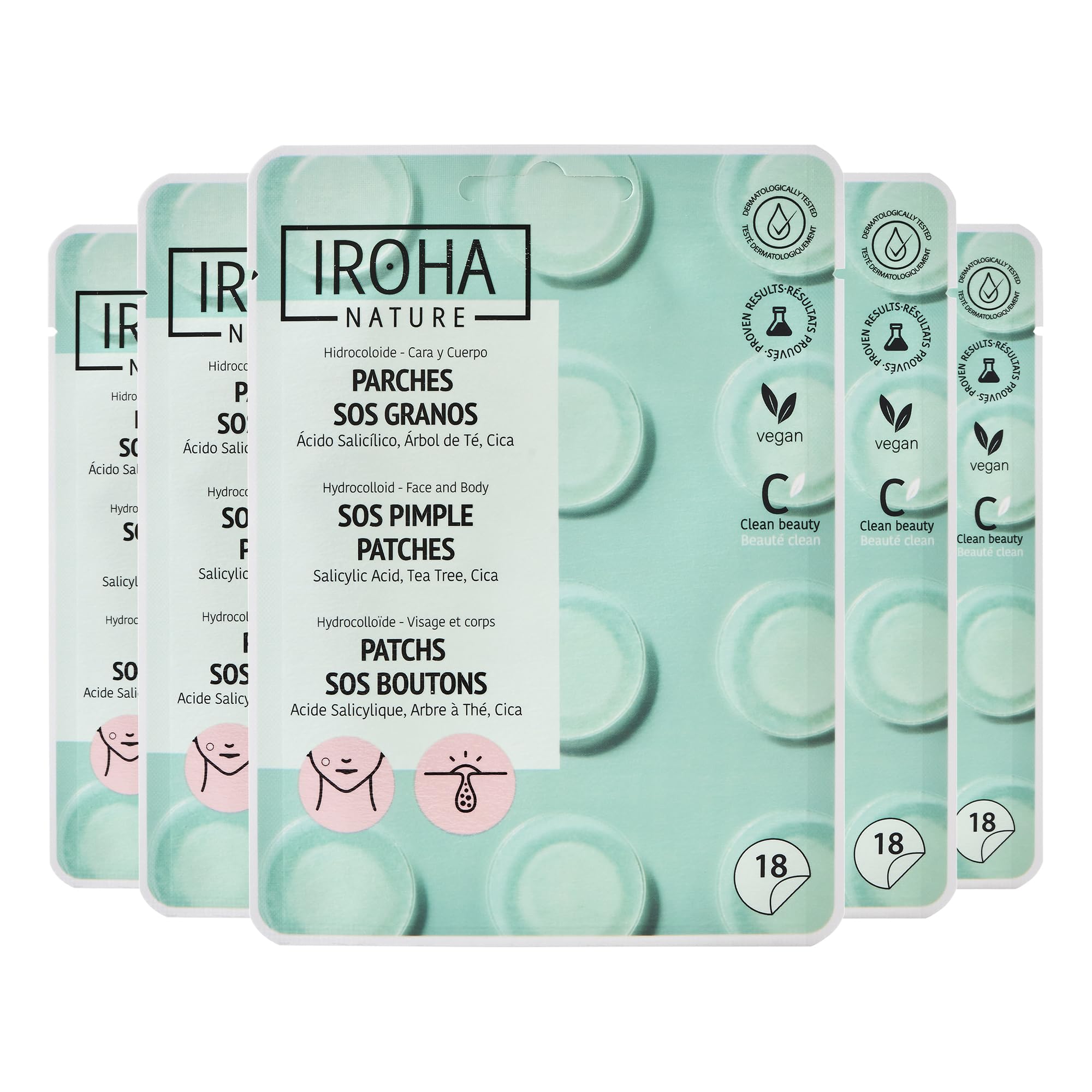 IROHA NATURE Hydrocolloid Pimple Patches with Salicylic Acid 90 Count - Pack of 5 Tea Tree Centella Asiatica