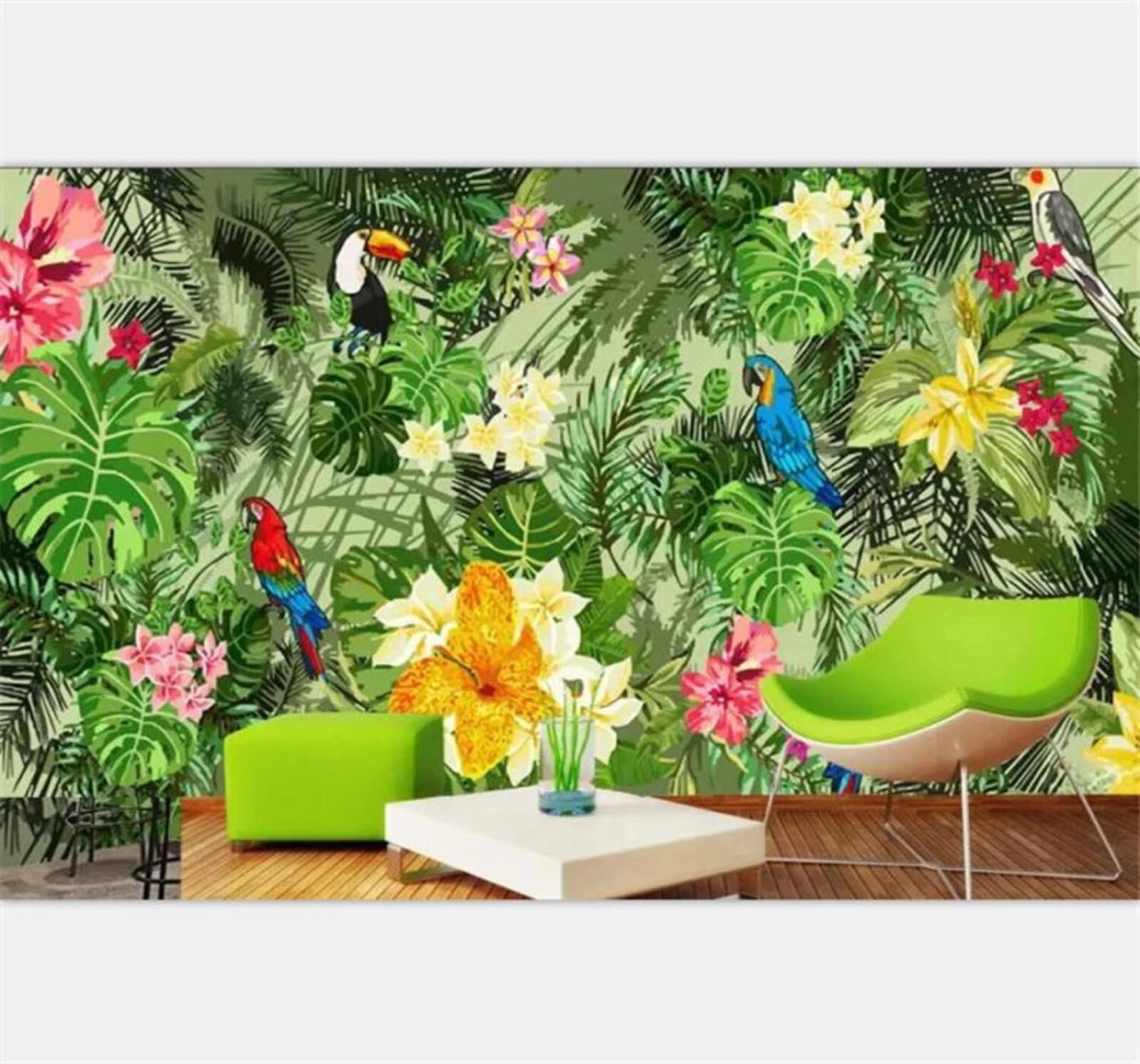 Xlming 300Cm×210Cm(B×H) Fresh Hand Drawn Flowers And Birds Green Jungle 3D Wallpaper Luxury Home Dining Decor Paste Sofa Living Room The Wall For Bedroom Mural-300Cm×210Cm