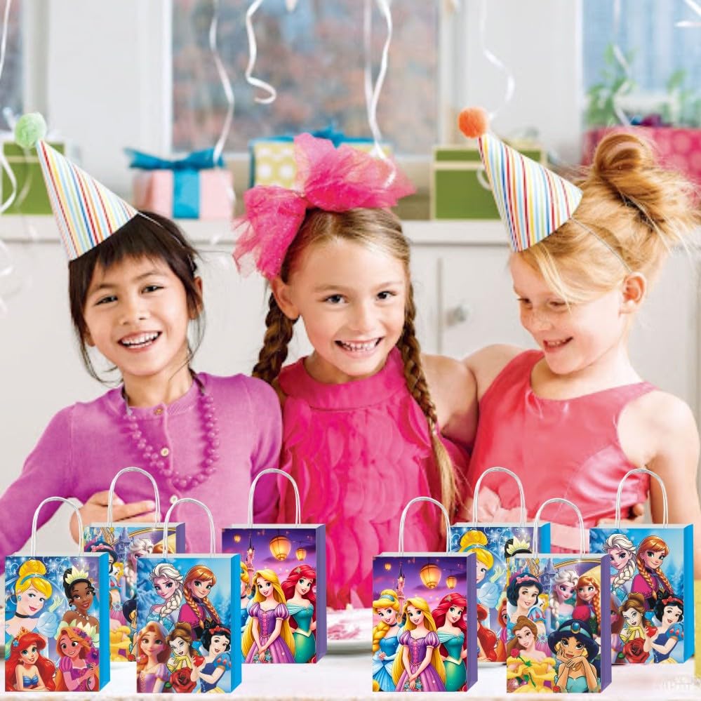KERWHIS 12pcs Princess Gift Bags Goodie Bags with Handles for Princess Themed Birthday Party Decorations Supplies