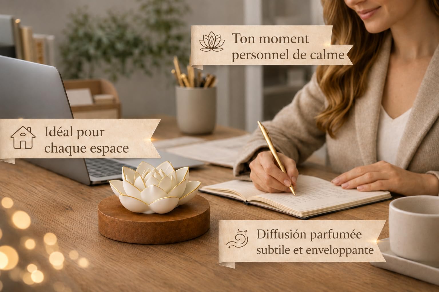 Lotus Diffuseur d'arômes – Pierre parfumée faite à la main en plâtre avec base en bois | Aromathérapie naturelle sans électricité | Comprend une huile parfumée Amber Serenity de 10 ml