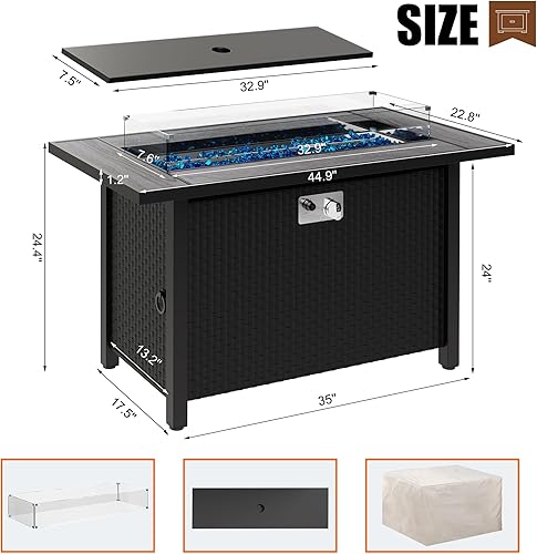 Miniatura 6 de Walsunny - Mesa de fuego de propano para exteriores de 45 pulgadas, 50,000 BTU con tapa, protector de viento de vidrio, cubierta impermeable, mesa