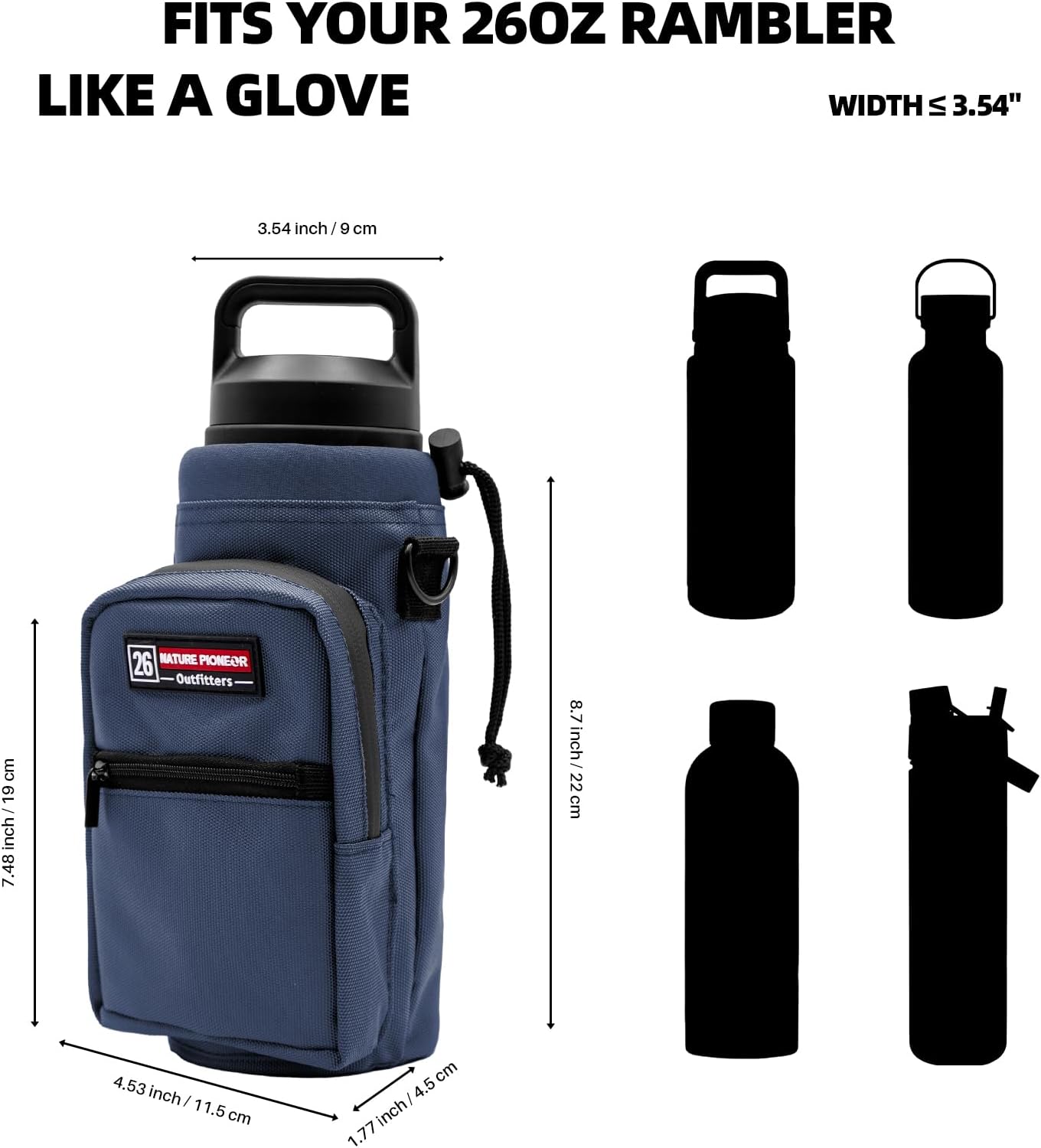 NATURE PIONEOR Water Bottle Holder with Adjustable Strap - 26/32/36/40/46/64oz Insulated Water Bottle Sling Carrier with Paracord Handle & 2 Pockets, Outdoor Sports, Hiking, Camping, Gym - Image 3