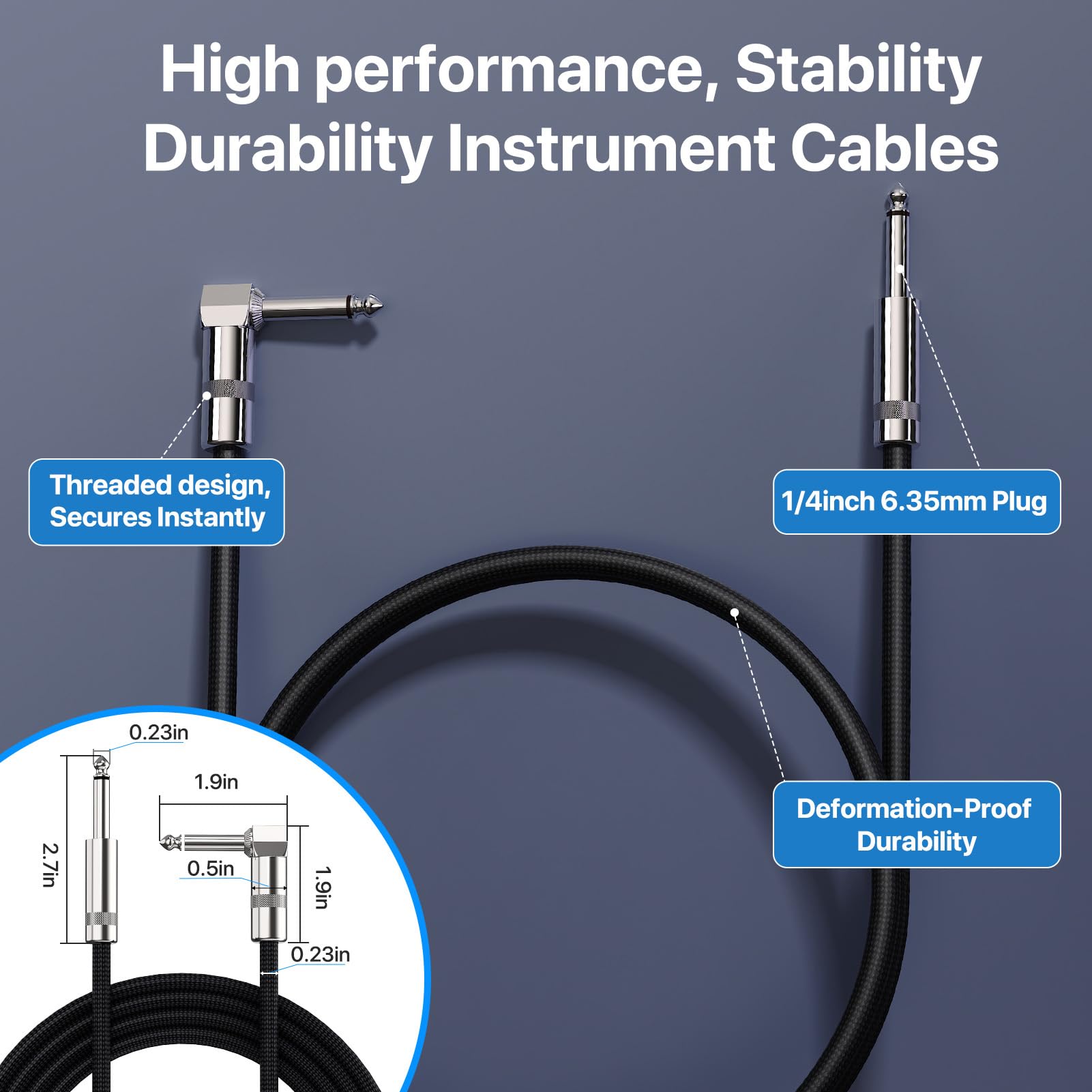 Gitarren-Patchkabel für Gitarreneffekt, geräuschloses Kabel, rechtwinklig, 0,6 cm TS auf 0,6 cm TS auf 0,6 cm TS schwarz-blaue Stoffummantelung