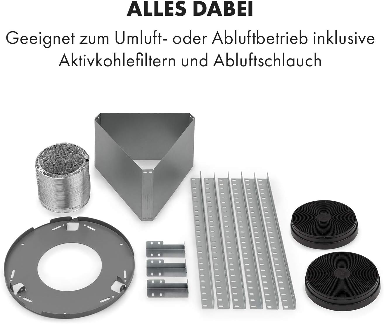 Klarstein Beretta saare õhupuhasti erinevad komponendid, sh õhukanalid, kinnitusdetailid ja filtrid.