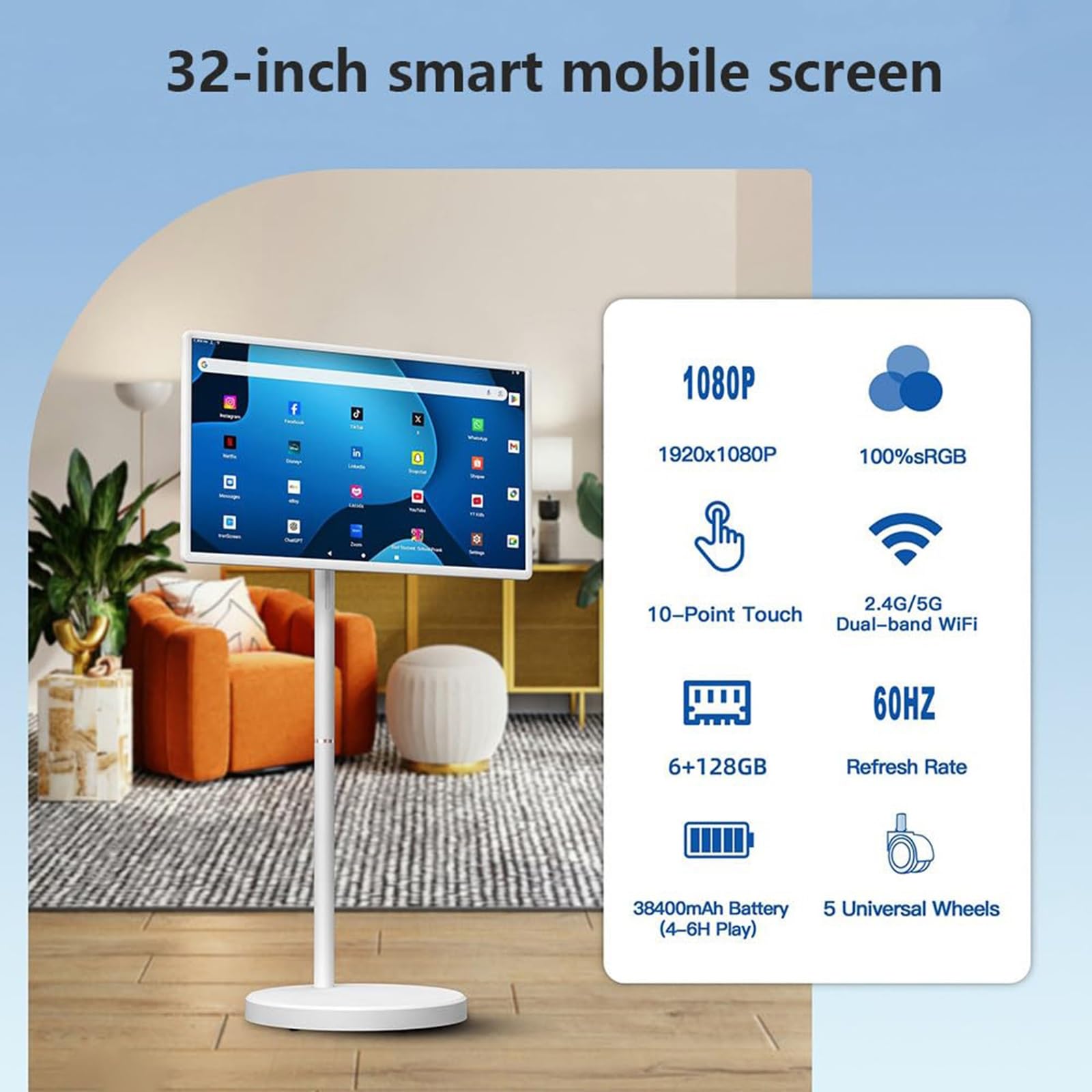 Schermo Smart TV Portatile Da 32'' (6+128 GB) Con Telecomando, Supporto TV Mobile Android 15.0, TV Mobile Wireless Su Ruote, Batteria Integrata, Rotazione Completa