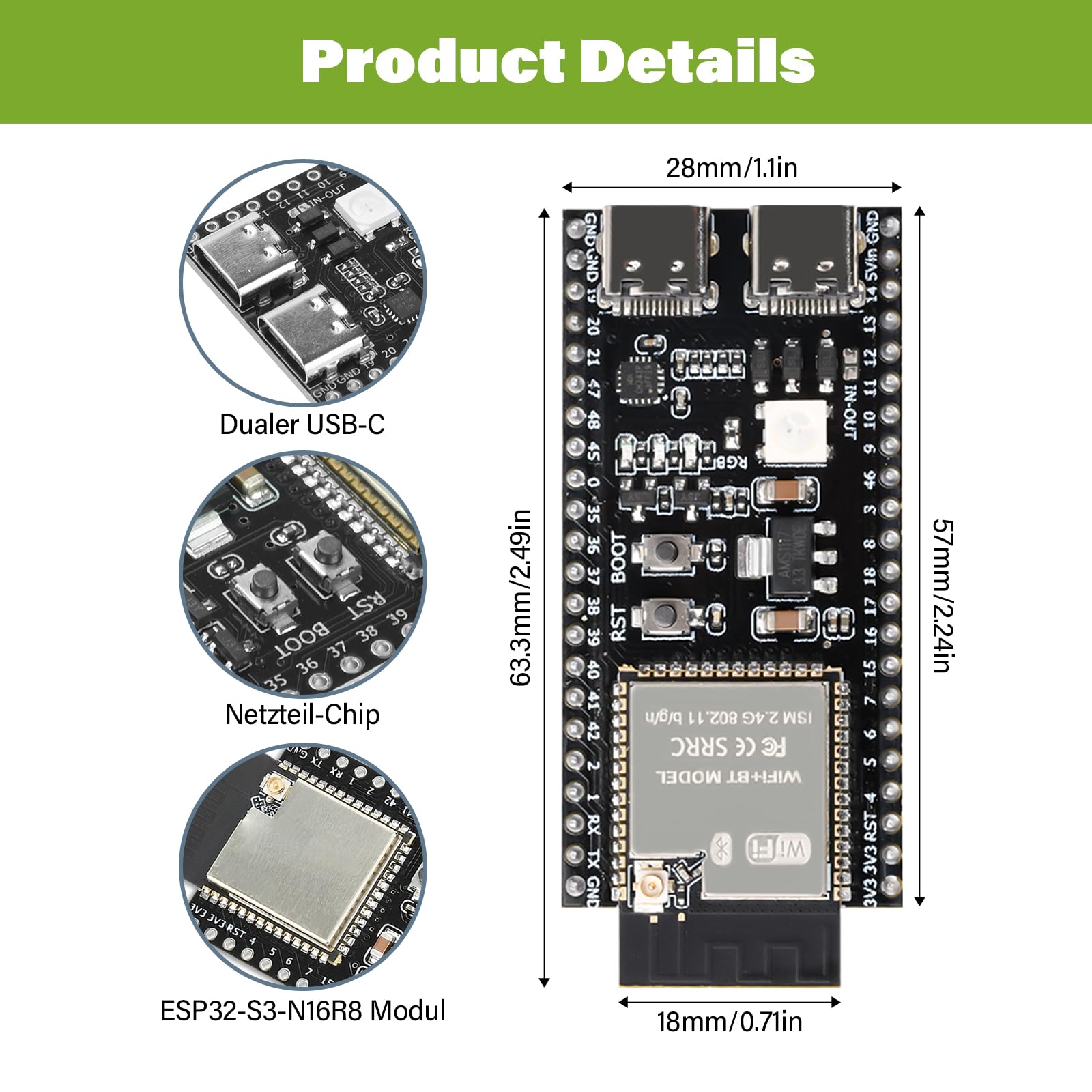 diymore 3 szt. do ESP32-S3 DevKitC-1 N16R8 moduł, do ESP32 S3 1-N16R8 deska rozwojowa z WiFi, Bluetooth 5.0, antena USB C