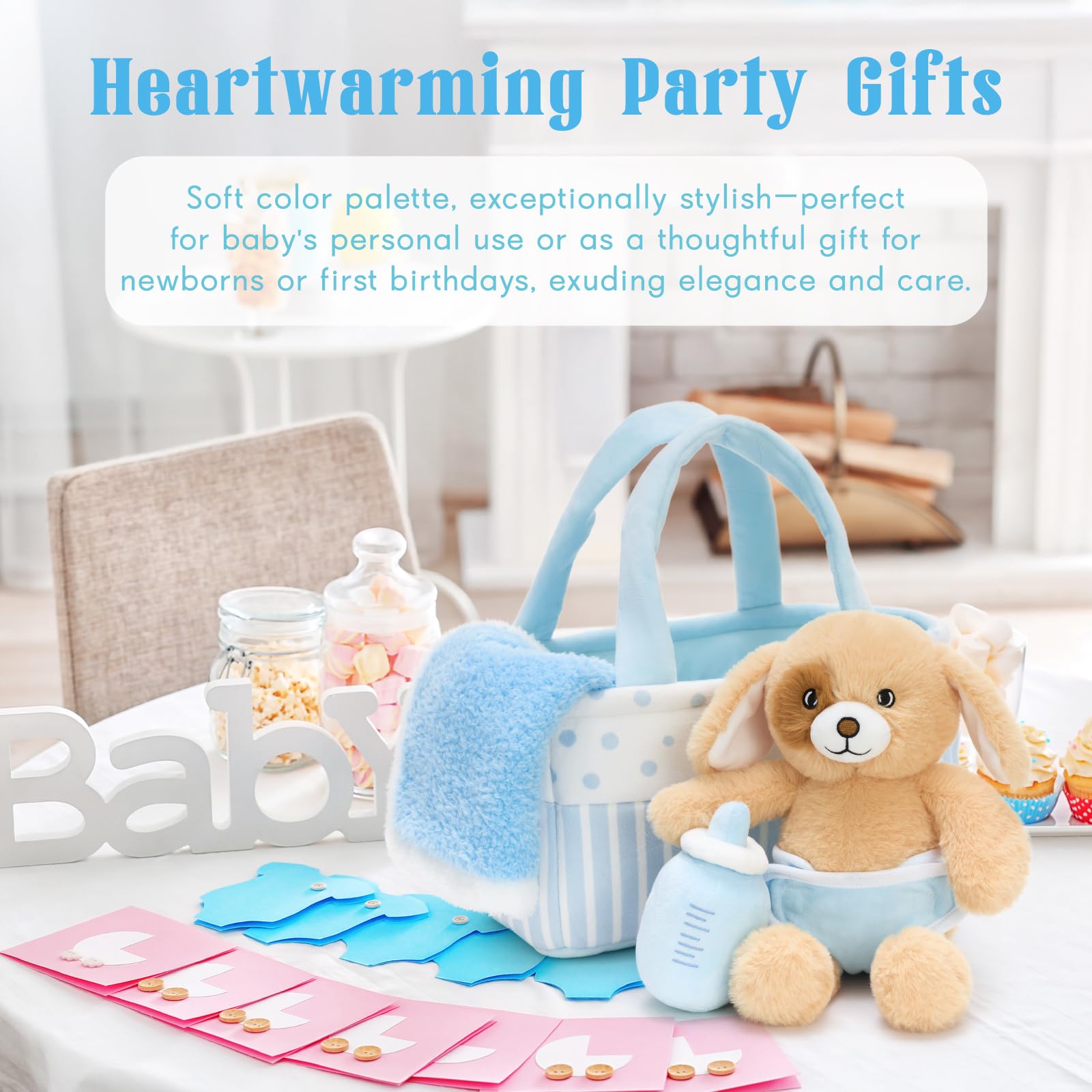 Tezituor Peluche cucciolo di peluche con pannolino, bottiglia per il latte, coperta e cestino, giocattoli per far finta di giocare per bambini carino set per neonati