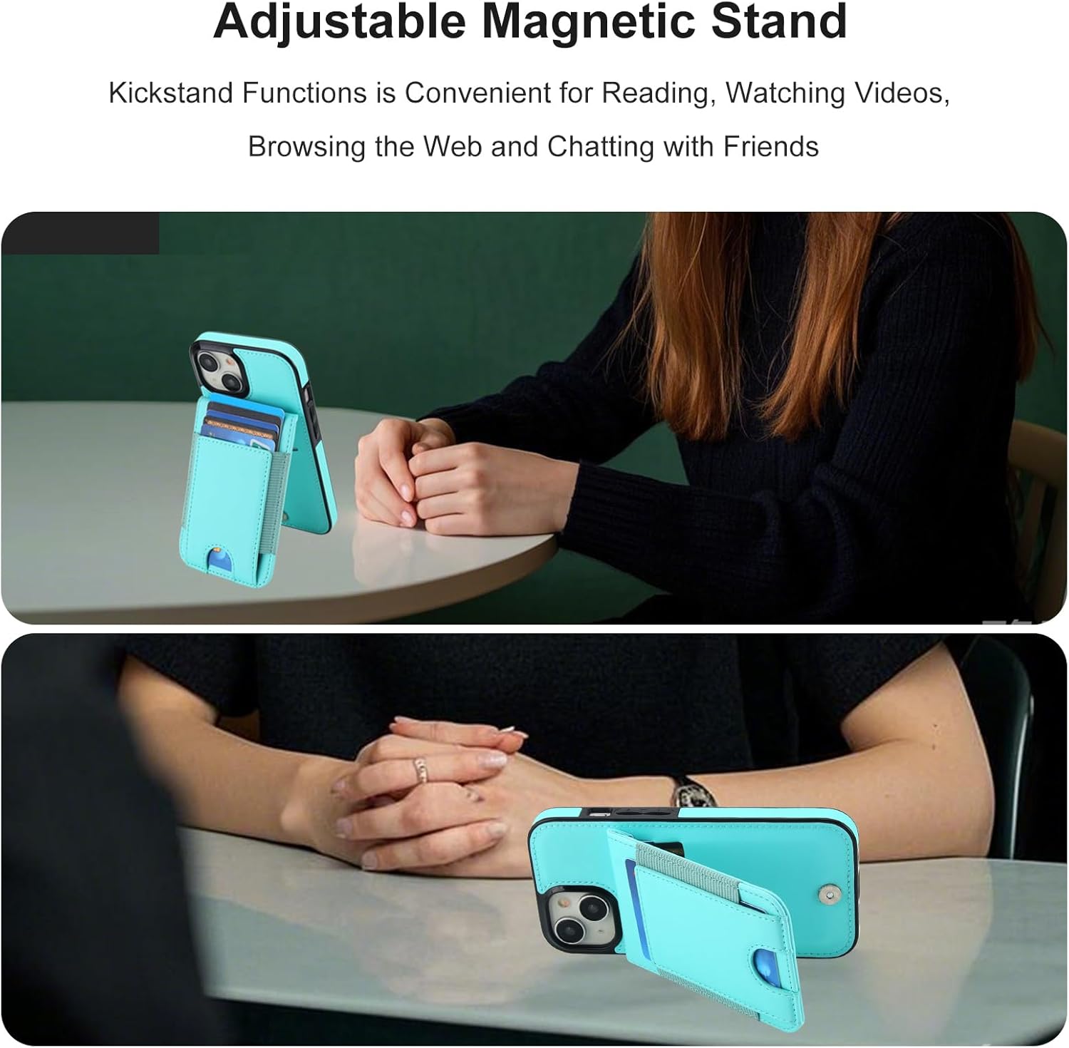 KIHUWEY for iPhone 15 Case Wallet with Card Holder, Large Capacity RFID Blocking Flip PU Leather Kickstand Magnetic Clasp Shockproof Protection Credit Card Slots Cover 6.1 Inch (Mint Green)