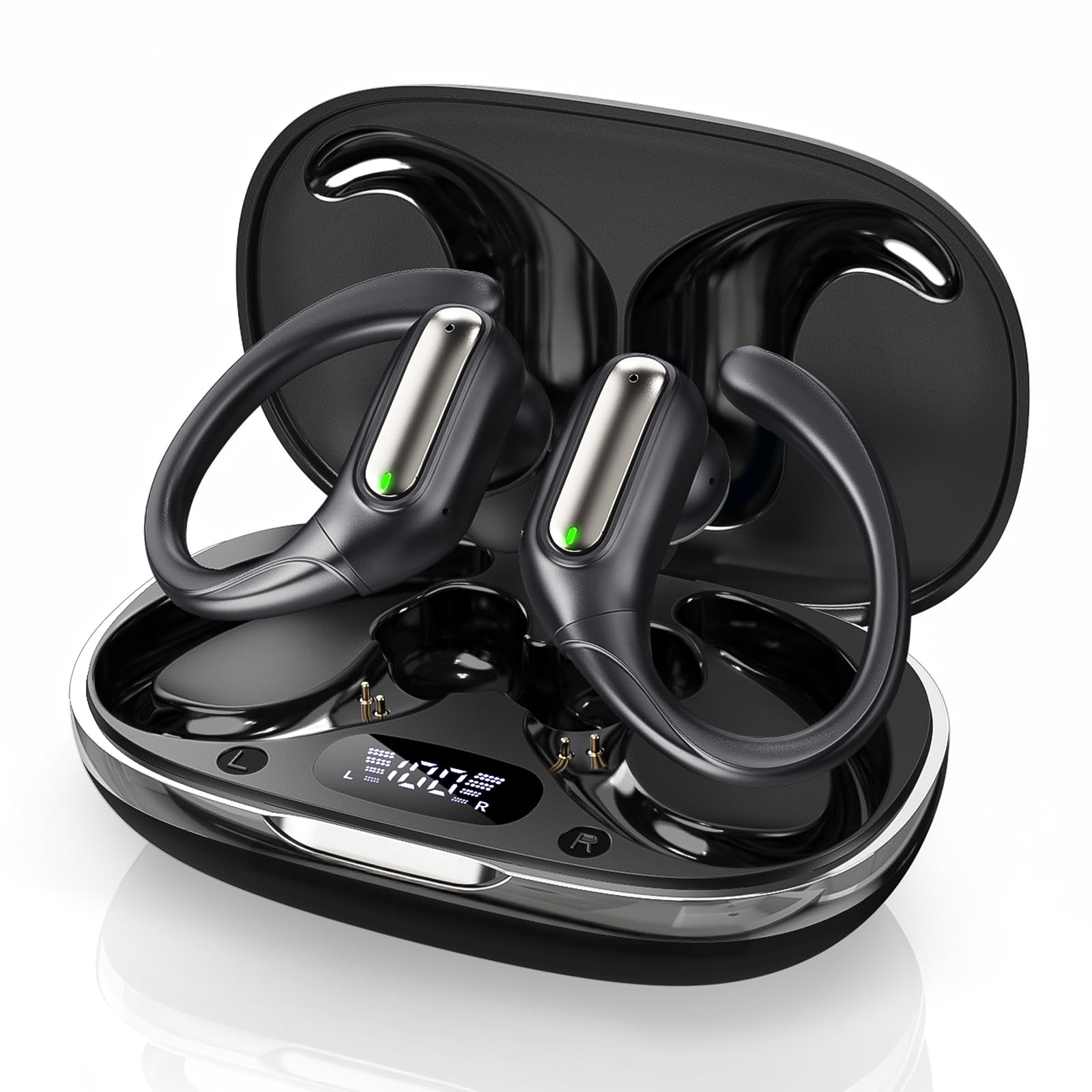 Auricolari sportivi senza fili, resistenti al sudore, con Bluetooth 6.0, suono stereo Hi-Fi, 80 ore di autonomia, facile controllo con pulsante per corsa, allenamento, palestra