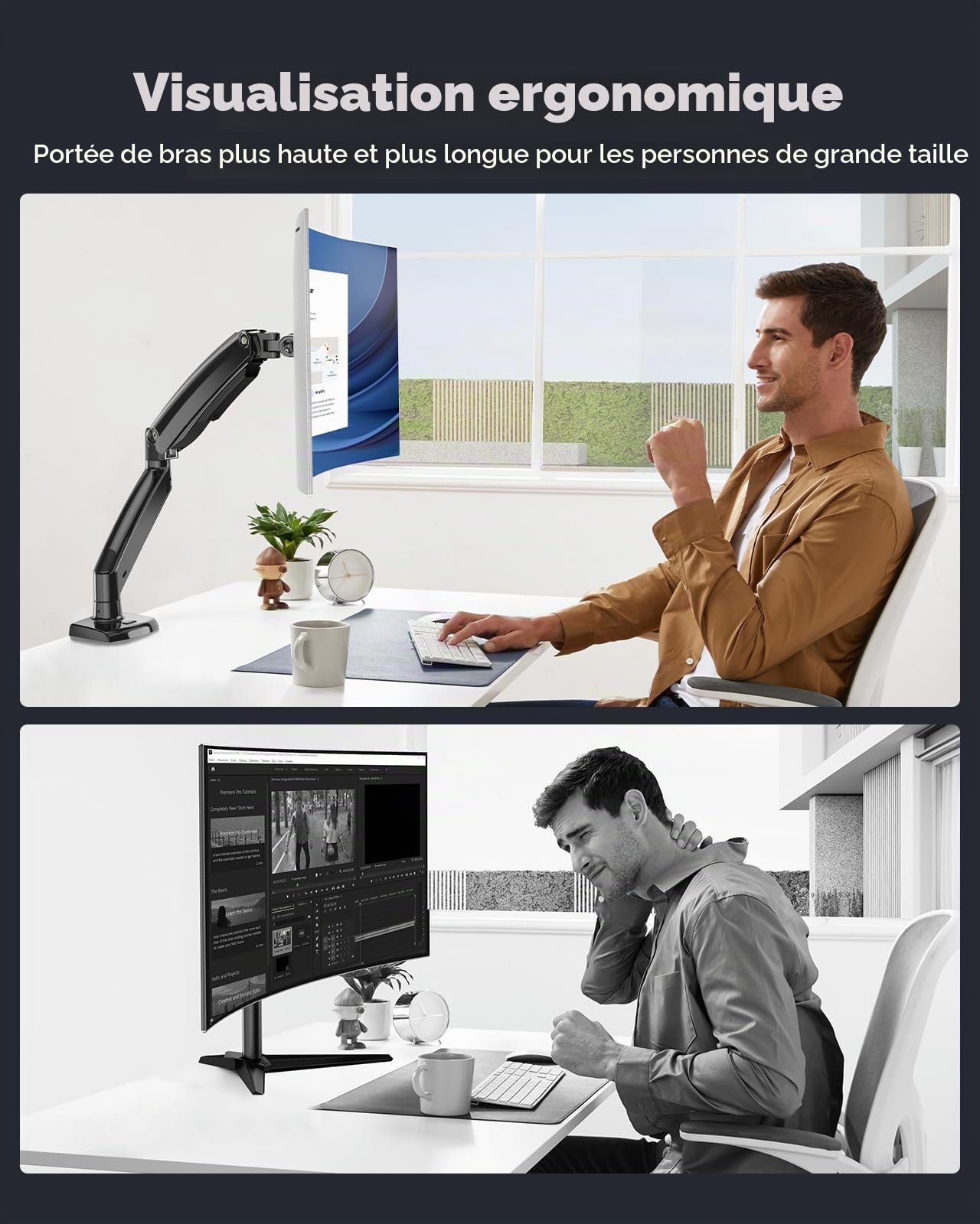 HUANUO Bras Écran pc 49 Pouces Unique, Support Écran pc Ultra-Large Pouvant Supporter 12 kg, Bras Ecran pc Réglable Amélioré avec USB, Pince en C et Base à œillet, VESA 75 x 75 ou 100 x 100 mm Gaming