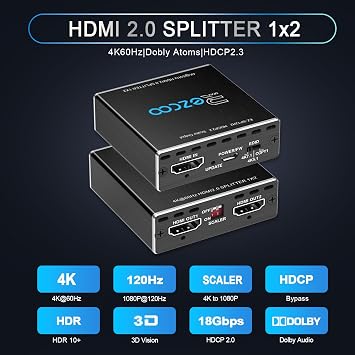 SP12H2 4K HDMI Splitter - 1x2 HDR, Dolby Vision Atmos, Down Scaler, 4K 1080P Sync, 4:4:4, HDCP2.2, EDID 4K5.1/4K7.1/Copy, For Game, Xbox, PS5, Roku