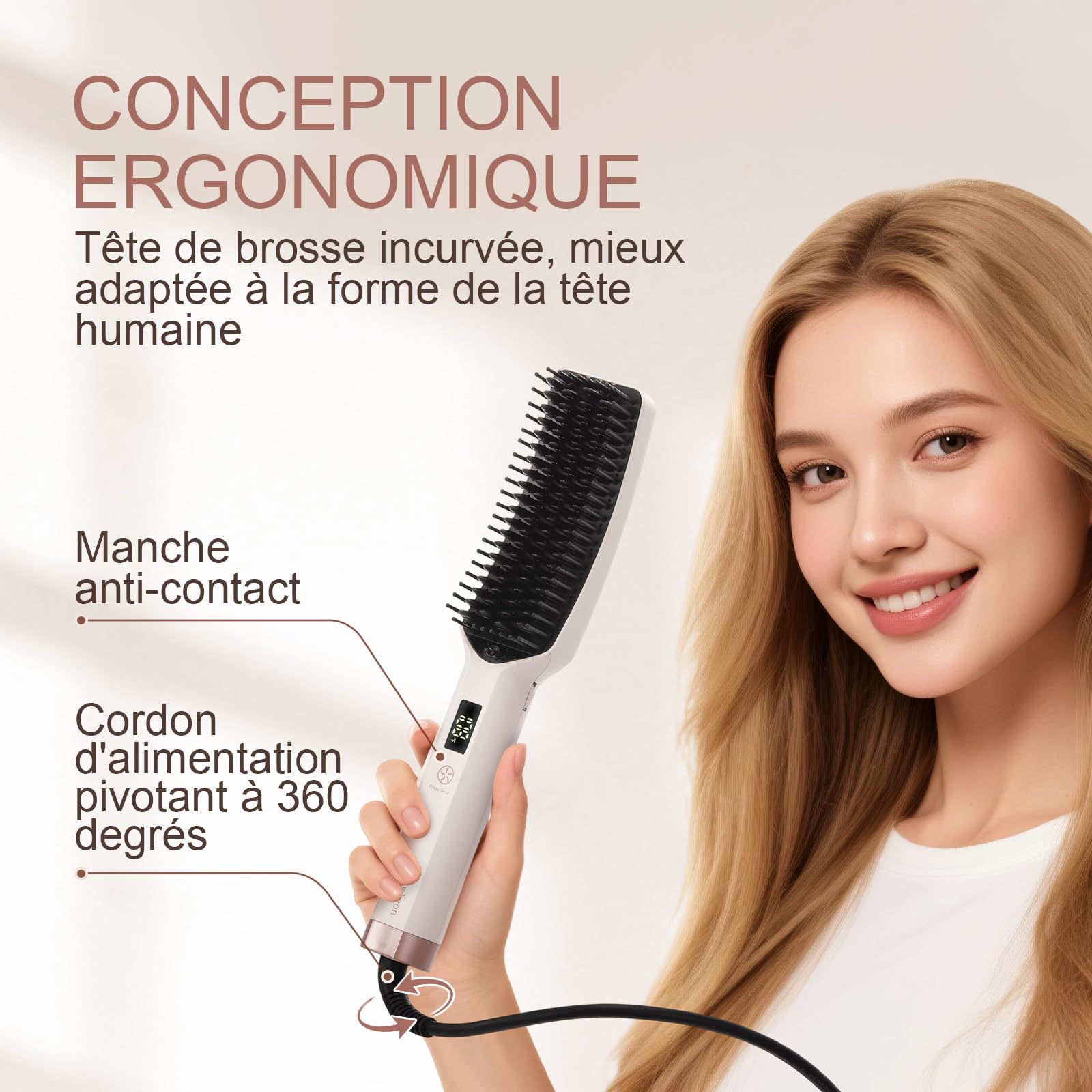 Brosse Lissante Ionique, 16 Niveaux 80–230°C, Double Tension