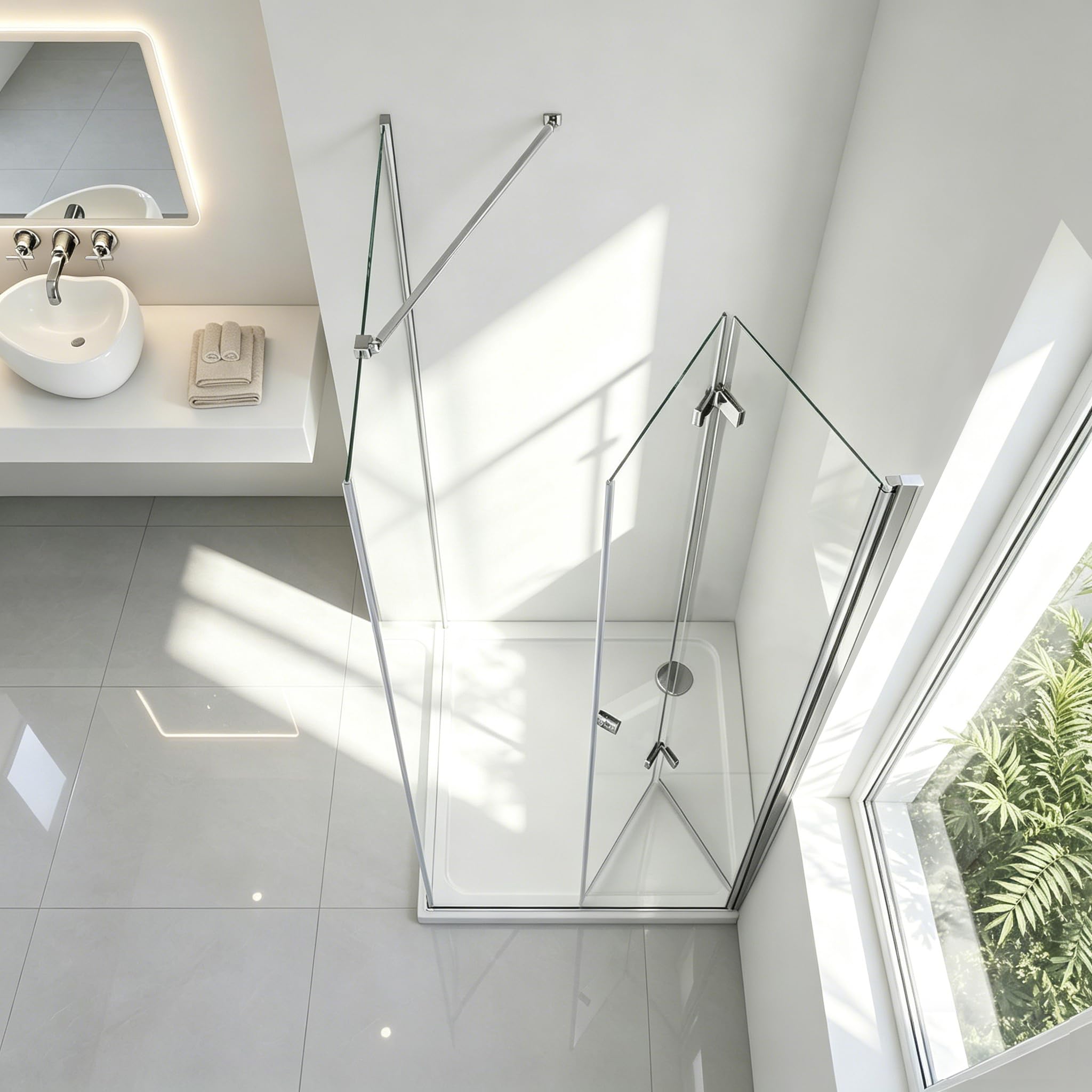 Duschkabine Eckeinstieg 90x70x185 cm, Falttür mit Seitenwand – Eckdusche Duschabtrennung mit Pivot-System aus 6 mm ESG Sicherheitsglas, ohne Duschwanne