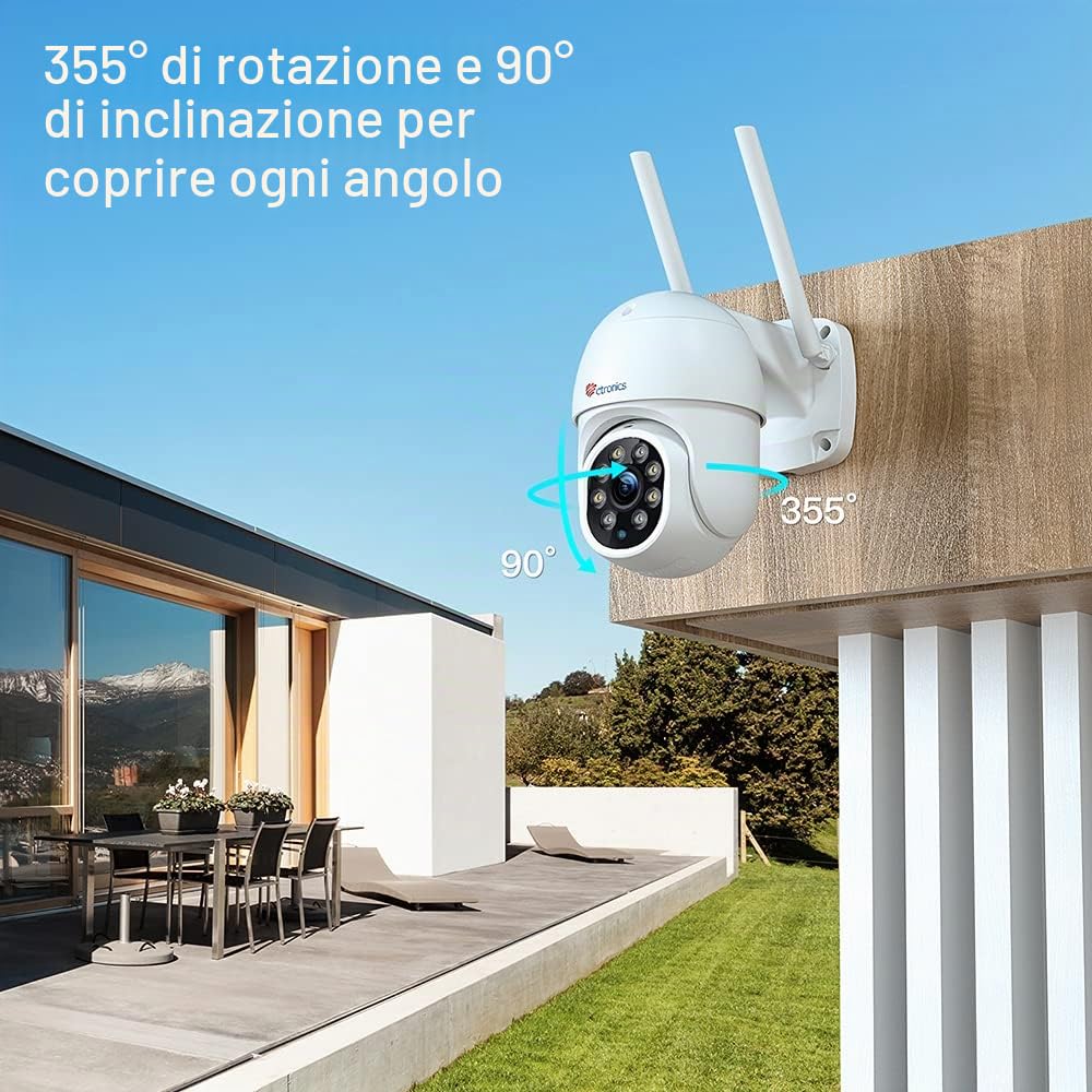Ctronics Telecamera wifi esterno con Visione Notturna a Colori, 2K 3MP PTZ Zoom Digitale IP Videocamera di Sorveglianza con Pan 355° e Tilt 90° Auto Tracking Movimento Rilevazione Audio Bidirezionale | 2K 3MP PTZ Zoom Digitale IP Videocamera di Sorveglian