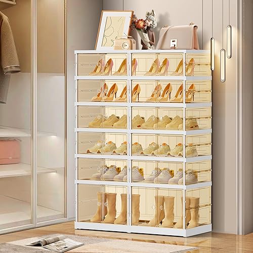 Miniatura 5 de 6 niveles 12-24 pares de cajas de zapatos plegables, estante grande de plástico para almacenamiento de zapatos, organizador de zapatos plegable para