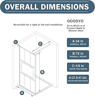 Goodyo 34” X 72” Glass Shower Door Fixed Framed Shower Screen Tempered Glass Panel for Walk-in Shower Room, Grid Pattern, Middle Frosted Glass, 3-Pieces Glass, Matte Black Finish