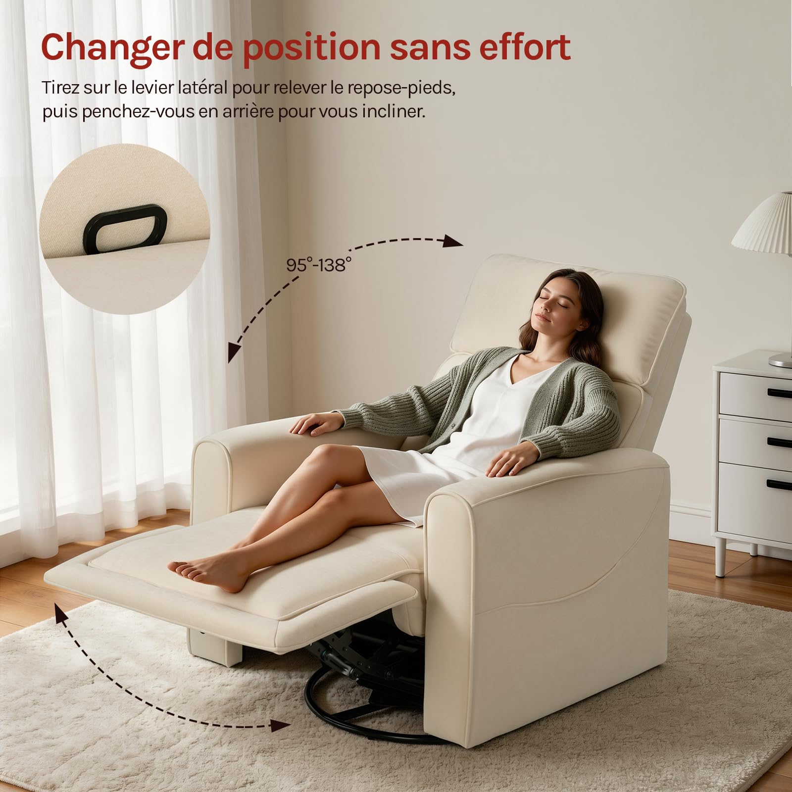 WOLTU Fauteuil de Massage Électrique, Fauteuil TV Relax de Chauffage Inclinable, Pivotant, Berçant, avec Repose-pied, Poches Latérales et Port USB pour Salon, Chambre, Charge 150kg, en Chenille, Beige
