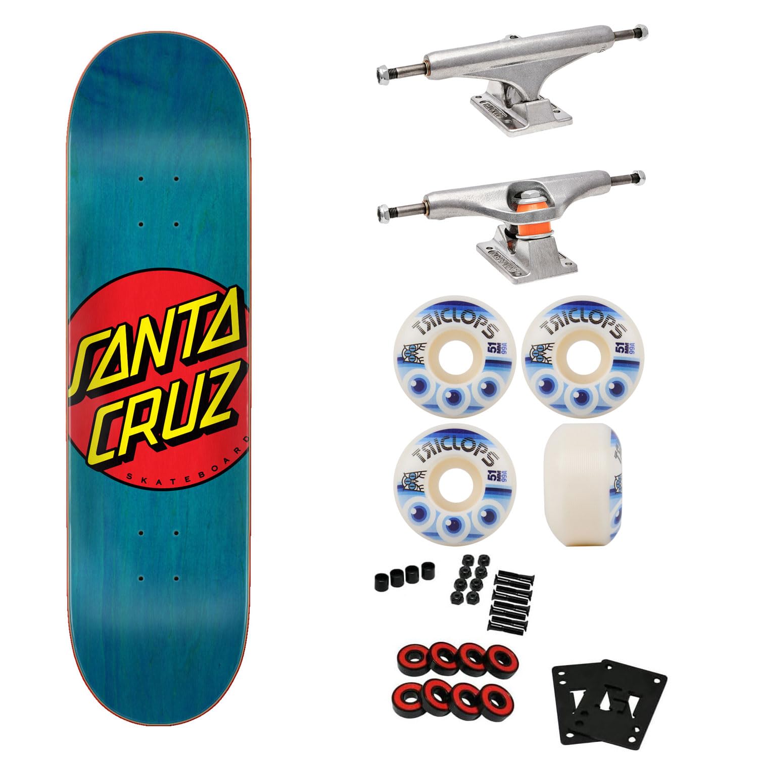 Santa Cruz Skateboard Complete Classic Dot Blue 8.5" x 32.2" with Independent Trucks, Triclops Wheels, ABEC 5 Bearings, Hardware, and Griptape